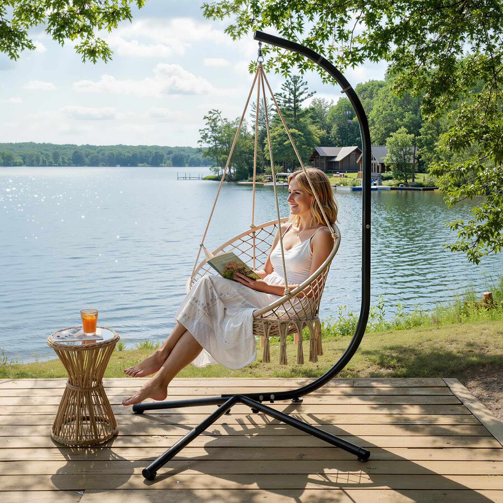 Support de Hamac - Charge Maximale 180 KG, Support de Chaise Suspendue en Forme de C, 125 x 104 x 195 CM Crochet à Ressort, pour Jardin/Balcon/Maison