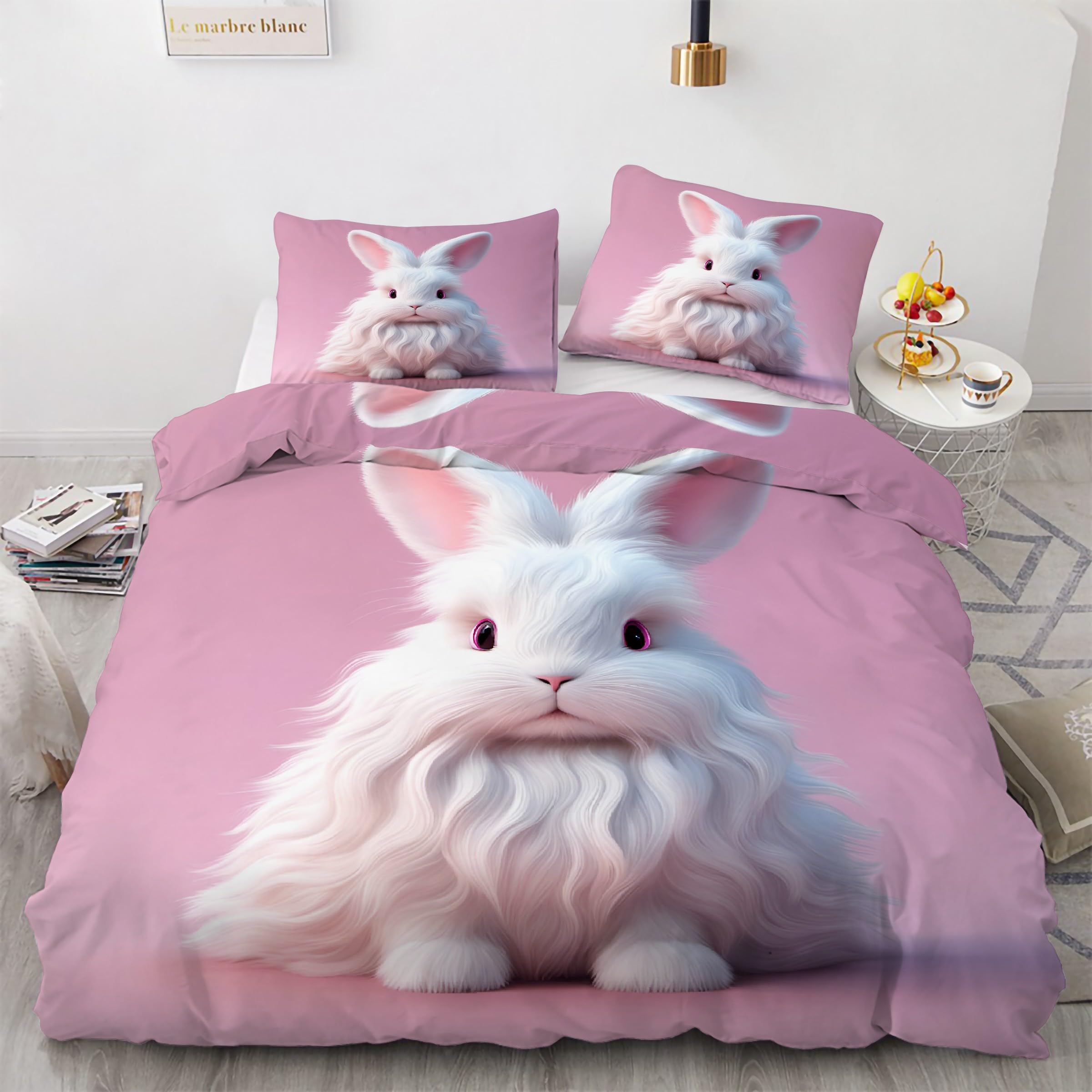 Parure de lit 90x190 rose lapin blanc avec housse de couette en microfibre et taies d'oreiller