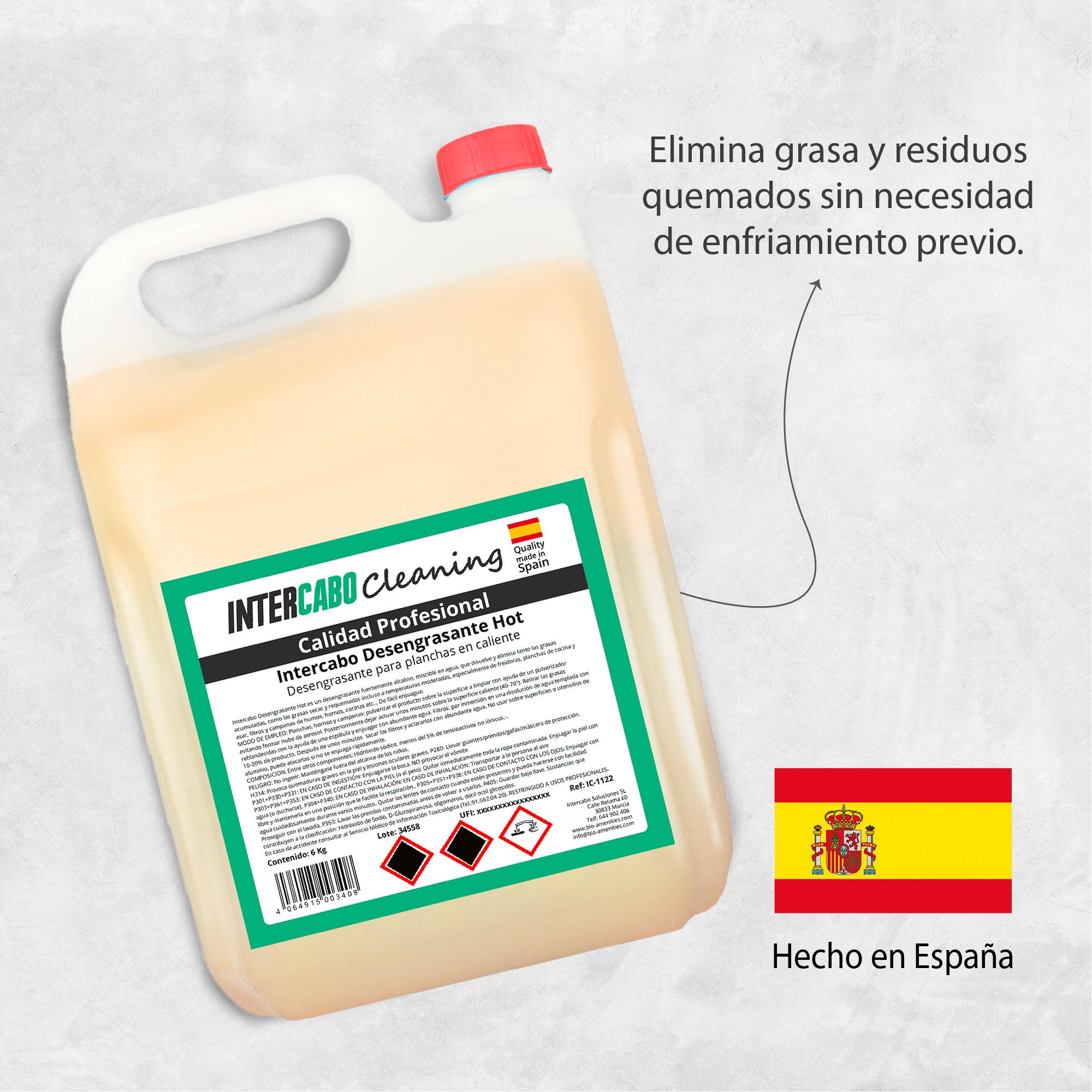 Pack 4 garrafas desengrasante profesional 6 kg - total 24 kg - quitagrasas concentrado para planchas y hornos calientes - limpieza intensiva en cocinas industriales y hoteles - Intercabo