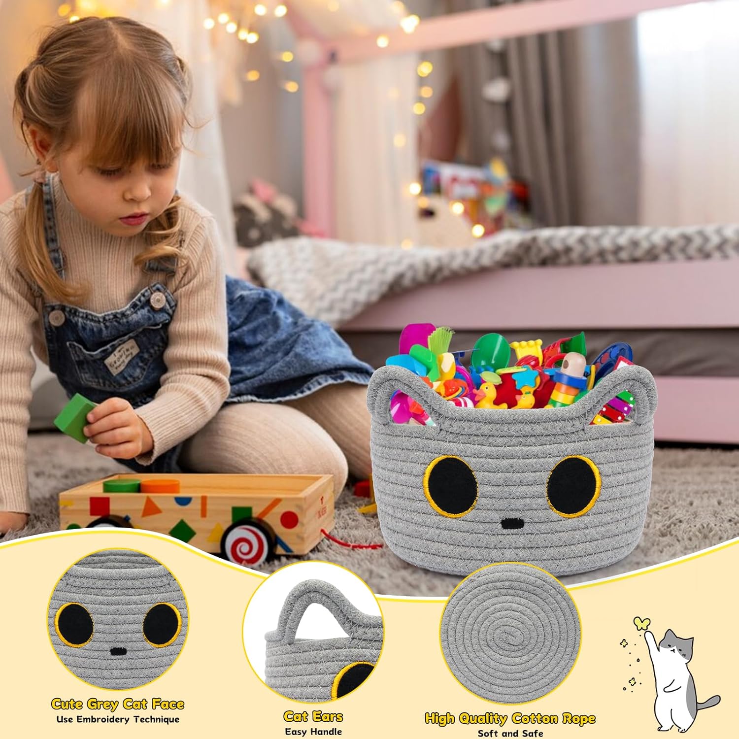 Cute Black Cat Round Basket - Cotton Rope Baskets Large Baby Laundry Blasket for Nursery, Woven Blanket Basket Hamper With Handle Toy Storage Basket for Gifts, Baby Shower 14 ×12 inchs 30.5L