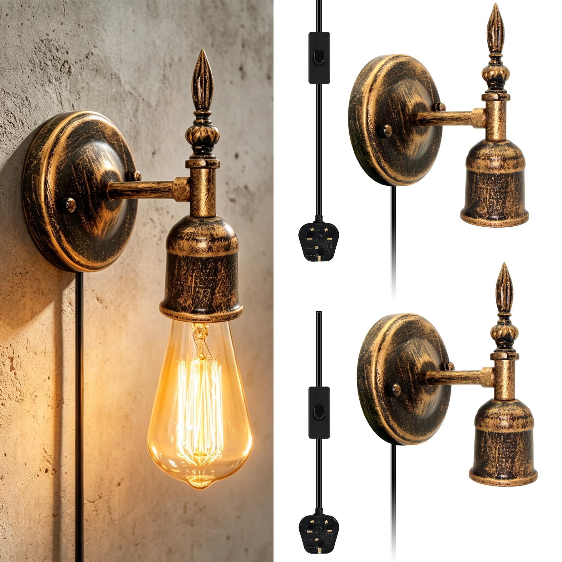 Plug in Wall Light, 2Pcs Wall Lamp Industrial Vintage, Retro Metal Wall Sconce with 220CM Plug in Cord, Steampunk Lamp, Antique Rustic Wall Mount Light Fixture, E27 Base, for Living Room, Bedroom