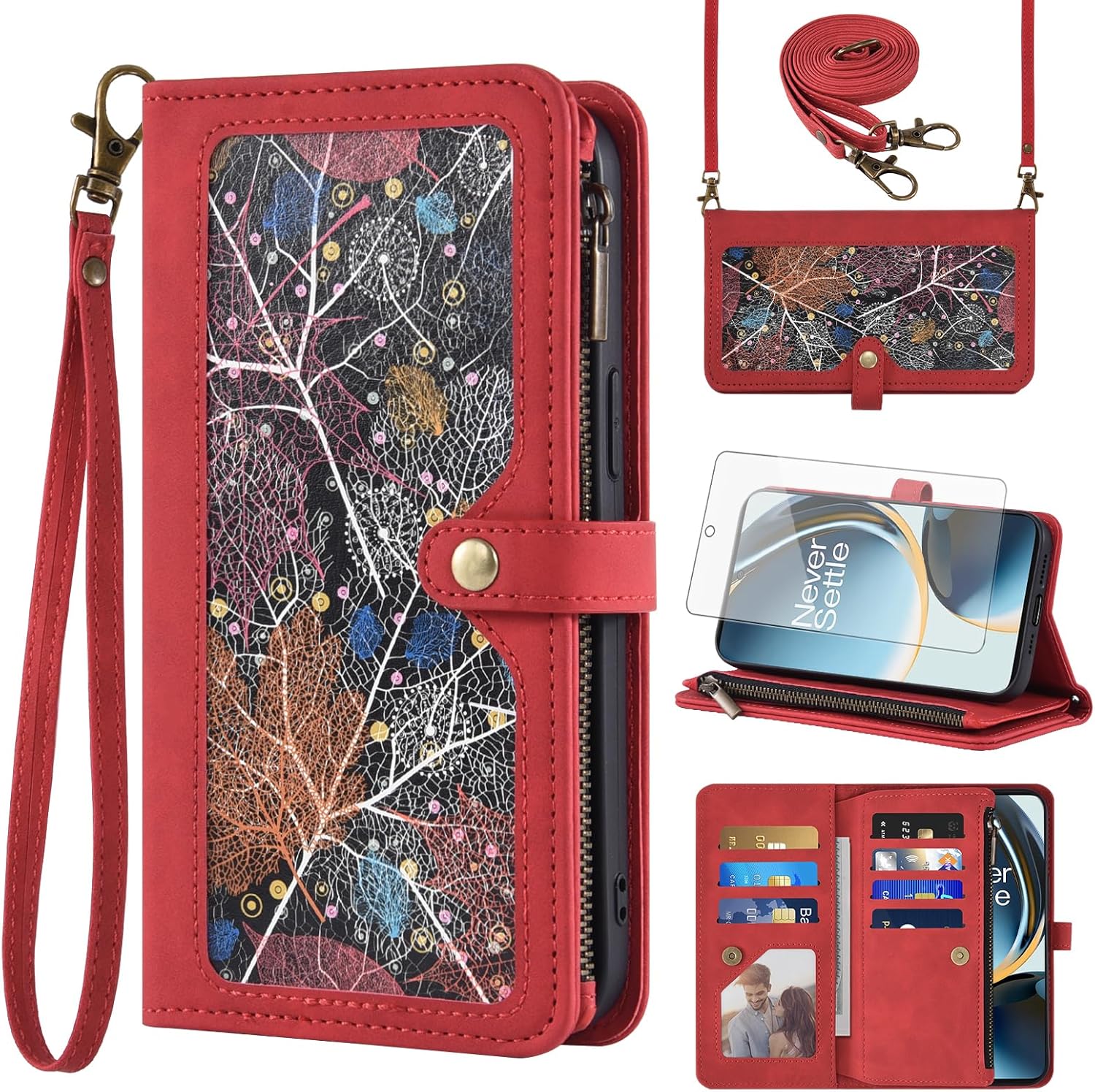 Phone Case for OnePlus Nord N30 5G / OnePlus Nord CE 3 Lite / OPPO K11x Wallet Cover With Screen Protector and Crossbody Wrist Strap Leather Flip Pattern Zipper Credit Card Holder Stand Cell CE3 Red
