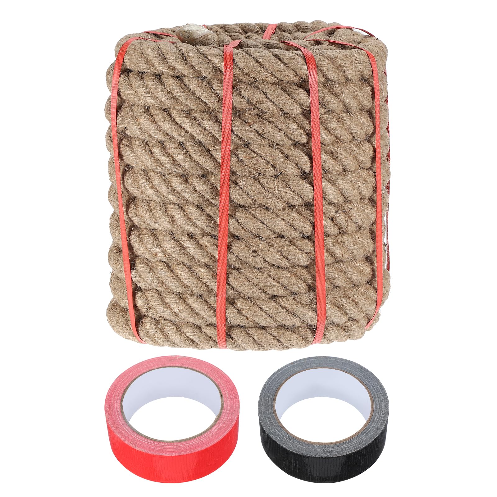 sourcing map Jute Rope 1.5 Inch x 66ft, Heavy Natural Thick Twisted Rope with 2 Roll Tapes for Crafts Railing Docks Tug of War Swing Nautical Landscaping — image 1