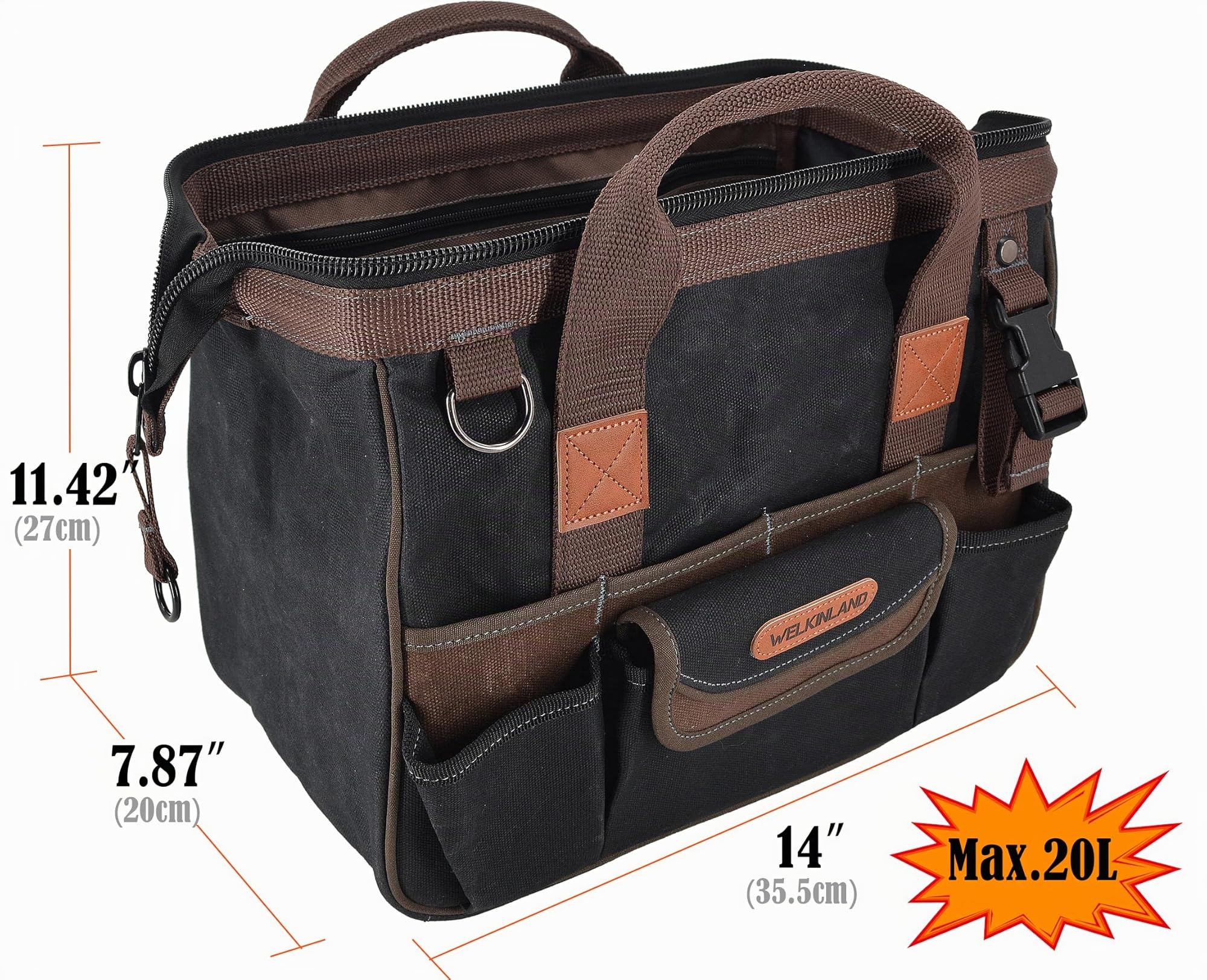 WELKINLAND Sac à outils en toile à 30 poches, 35,6 cm de sacs cirés robustes, sac fourre-tout pour outils, électricien de ligne pour électriciens, sac à outils pour hommes de service en noir/brun