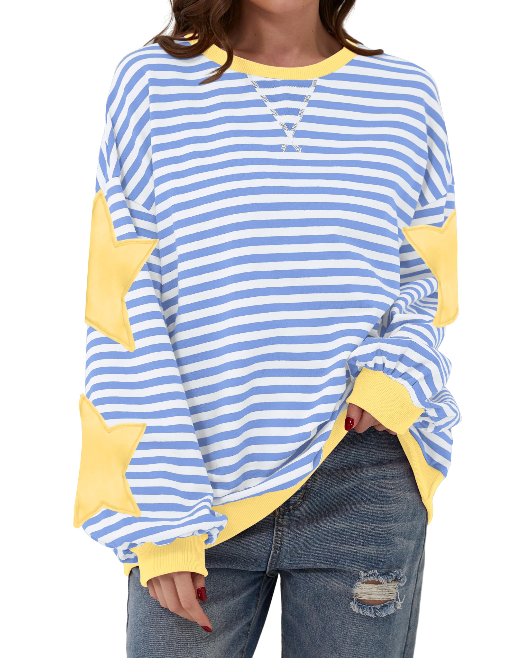 Teriveek Damen-Sweatshirt, Oversize, gestreift, Farbblock, langärmelig, Rundhalsausschnitt, lässig, locker, Y2K-Shirt