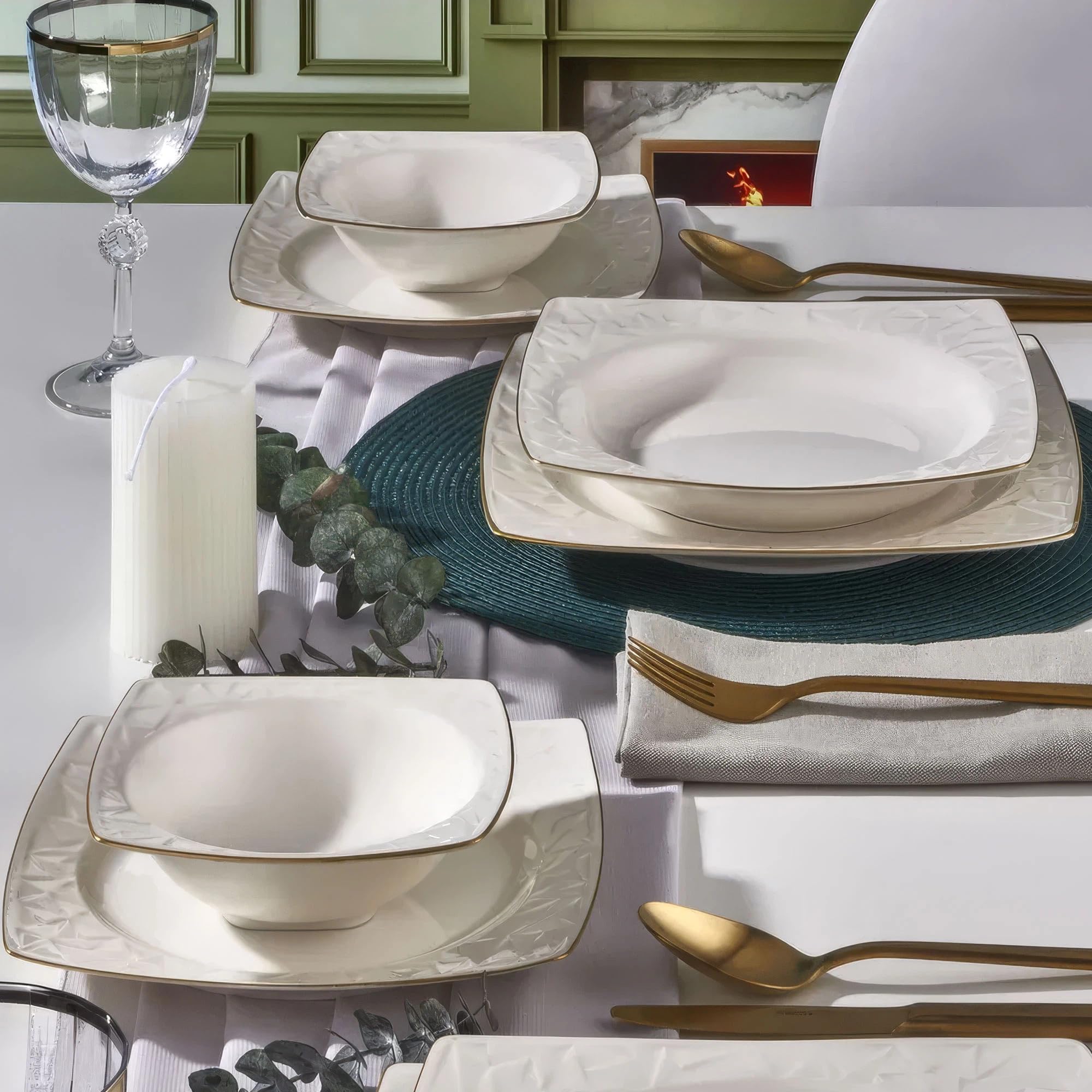 NORDIC SCHILLER Tafelservice, Bone Porzellan, Weiß, 30-tlg., 6 Personen | Vivente Series, Reliefdekor, Essteller, Dessertteller, Suppenschalen, Servierplatten, Salz- & Pfefferstreuer