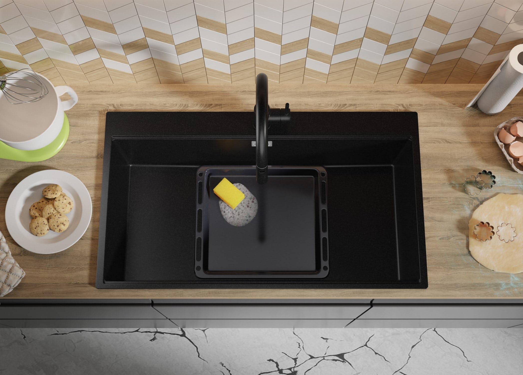 PRIMAGRAN Lavello Angolare Nero 88x50cm, Lavandino in Granito a 1 vasca + Sifone Classico + Tagliere, Lavabo da Cucina Incasso al Mobile 90cm - Oslo 90 Top S705