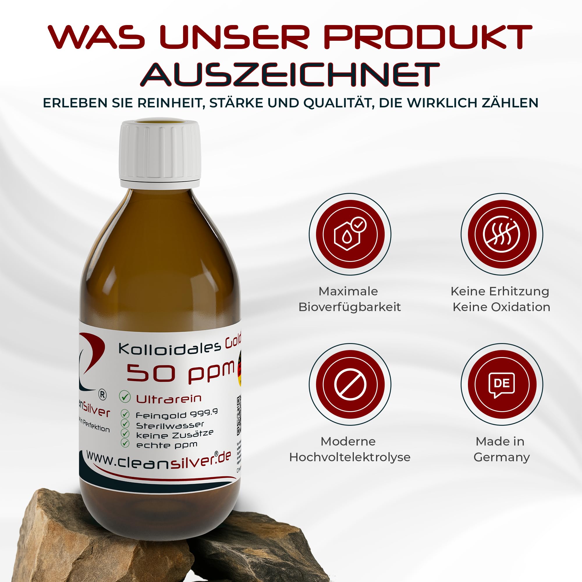 CleanSilver Kolloidales Gold 50 ppm 250ml, Ultrarein: Sterilwasser und Feingold 99,99% - Made in Germany- Stets frische Herstellung - keine Lagerware!