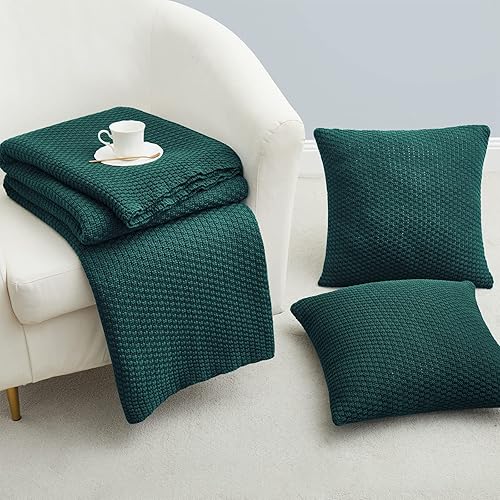 Miniatura 5 de TREELY Juego de 3 mantas de punto verde oscuro, mantas de punto cálidas de 50 x 60 pulgadas y 2 fundas de almohada cuadradas de 18 x 18 pulgadas,