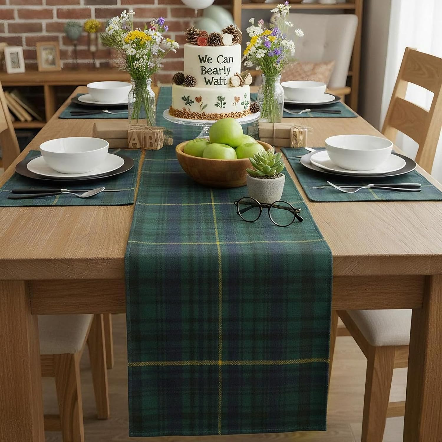 6 Pcs 72 x 13'' Tartan Plaid Bear Babyshower Table Runner Vintage Birthday Party Decoration for Baby Shower Theme Party Table Runner Dining Room Home Kitchen Decor (Green and Blue)