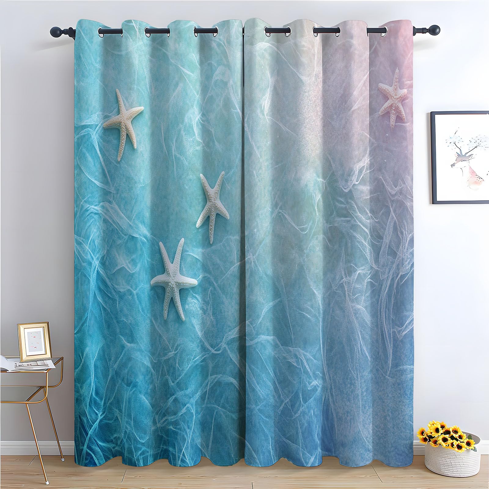 WIKEO Floral Curtains Beach Flower Scenery Forest Printed Room Darkening Curtain for Bedroom, Privacy Eyelet Thermal Insulated Green Curtain for Girls Room-52 W x 96" L (Pack of 2)