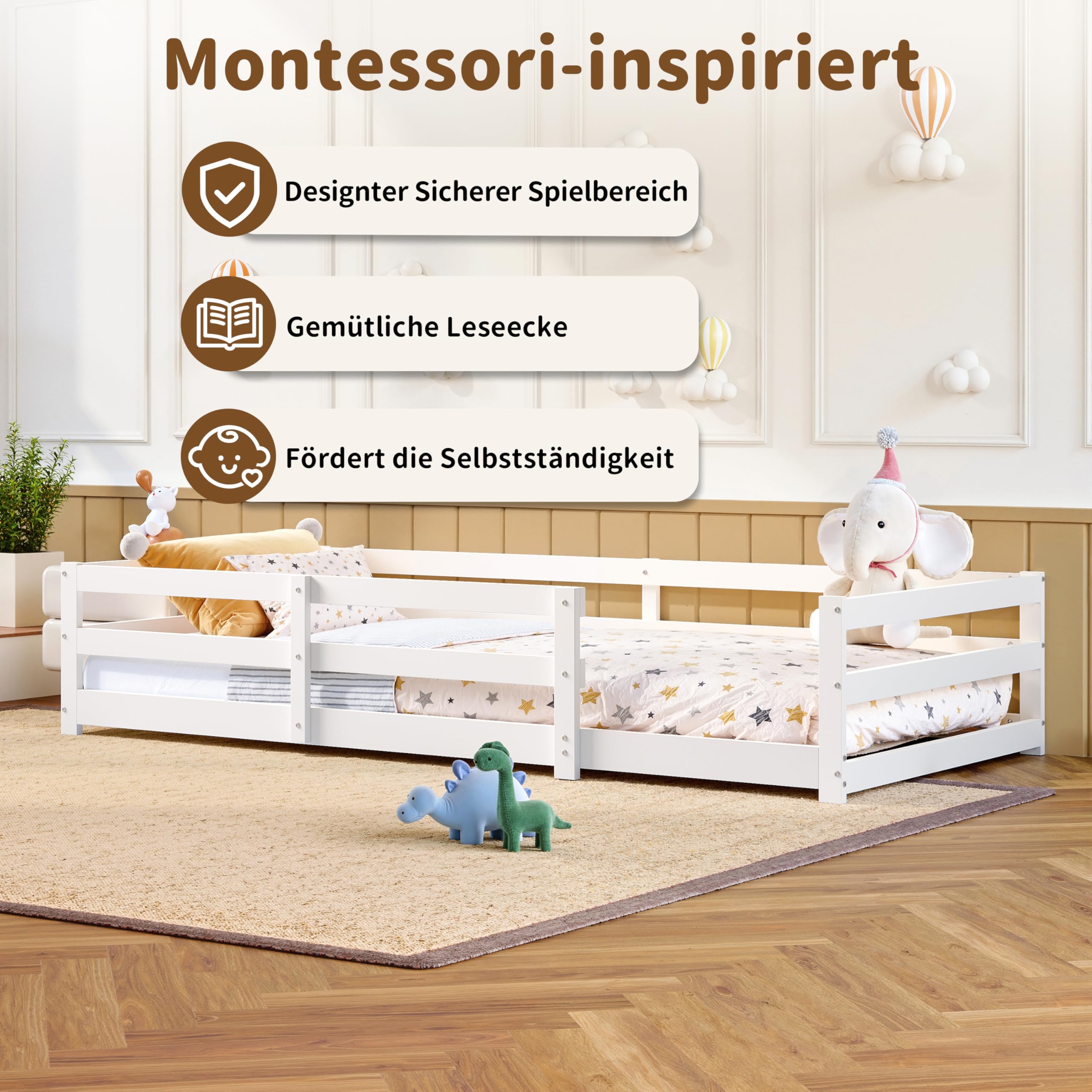 Bodenbett 90x200 cm Kinderbett aus Massivholz mit Rausfallschutz & Lattenrost, Montessori Bett aus Kiefer, Bodenbett Kinder mit offenem Einstieg, Einzelbett in Weiß