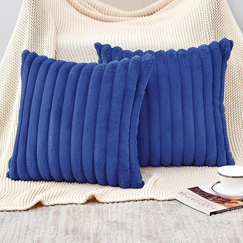 Miniatura 14 de Juego de 2 fundas de almohada decorativas de piel sintética de 18 x 18 pulgadas, fundas de almohada suaves de rayas blancas crema para sofá, cama