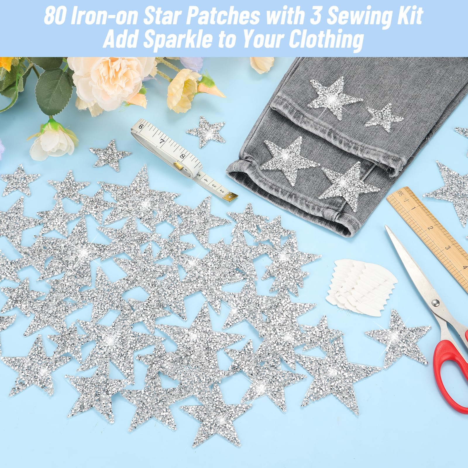 80 parches de estrella para planchar, 3 tamaños, parches adhesivos de diamantes de imitación plateados, parches brillantes en forma de estrella con 3 kits de costura, agujas de hilo para ropa, jeans,