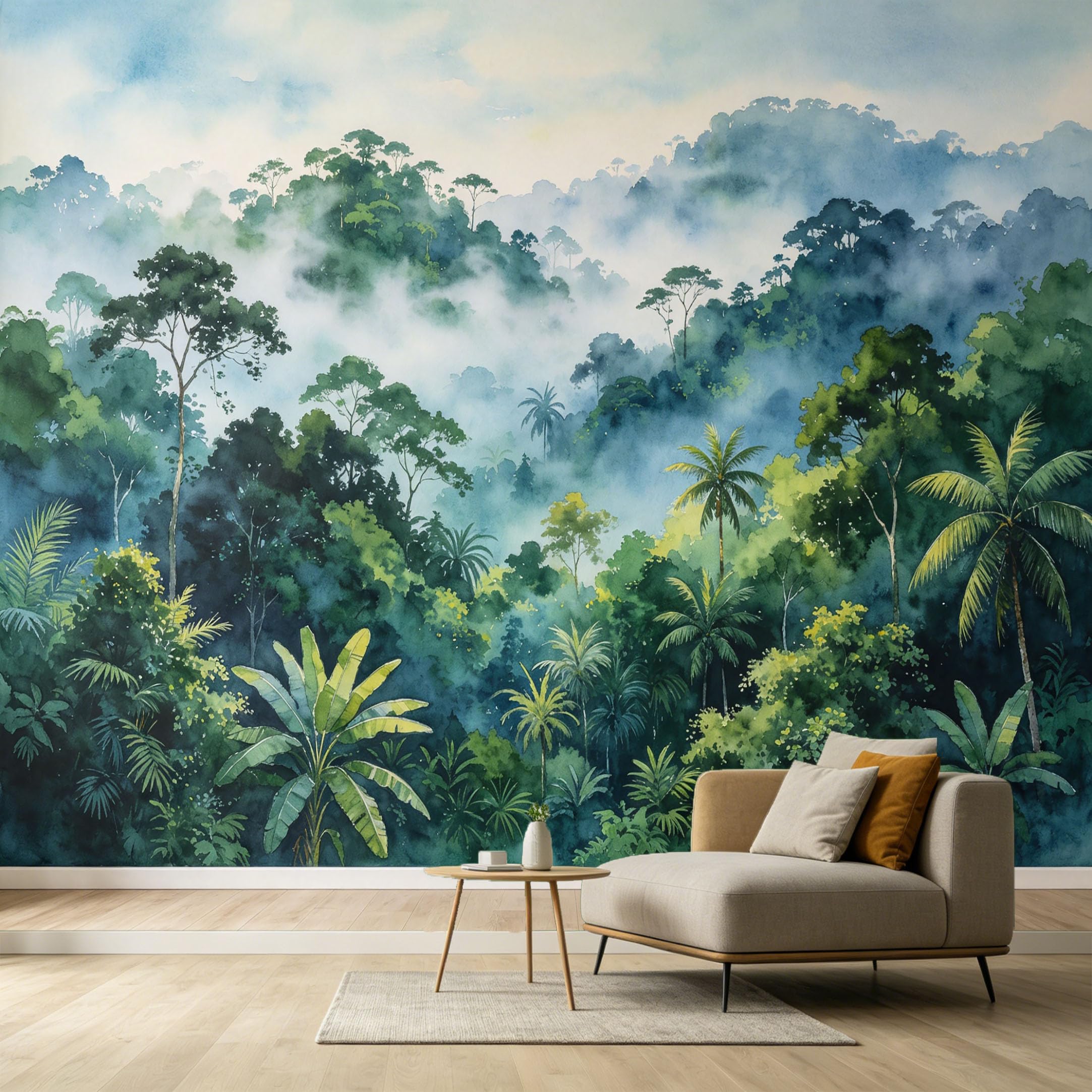 Custom Size Wall Murals Tropical Rainforest Misty Mountain Watercolor Botanical Art SelfAdhesive Wall Fabric Removable Large Wallpaper for Photo Living Room