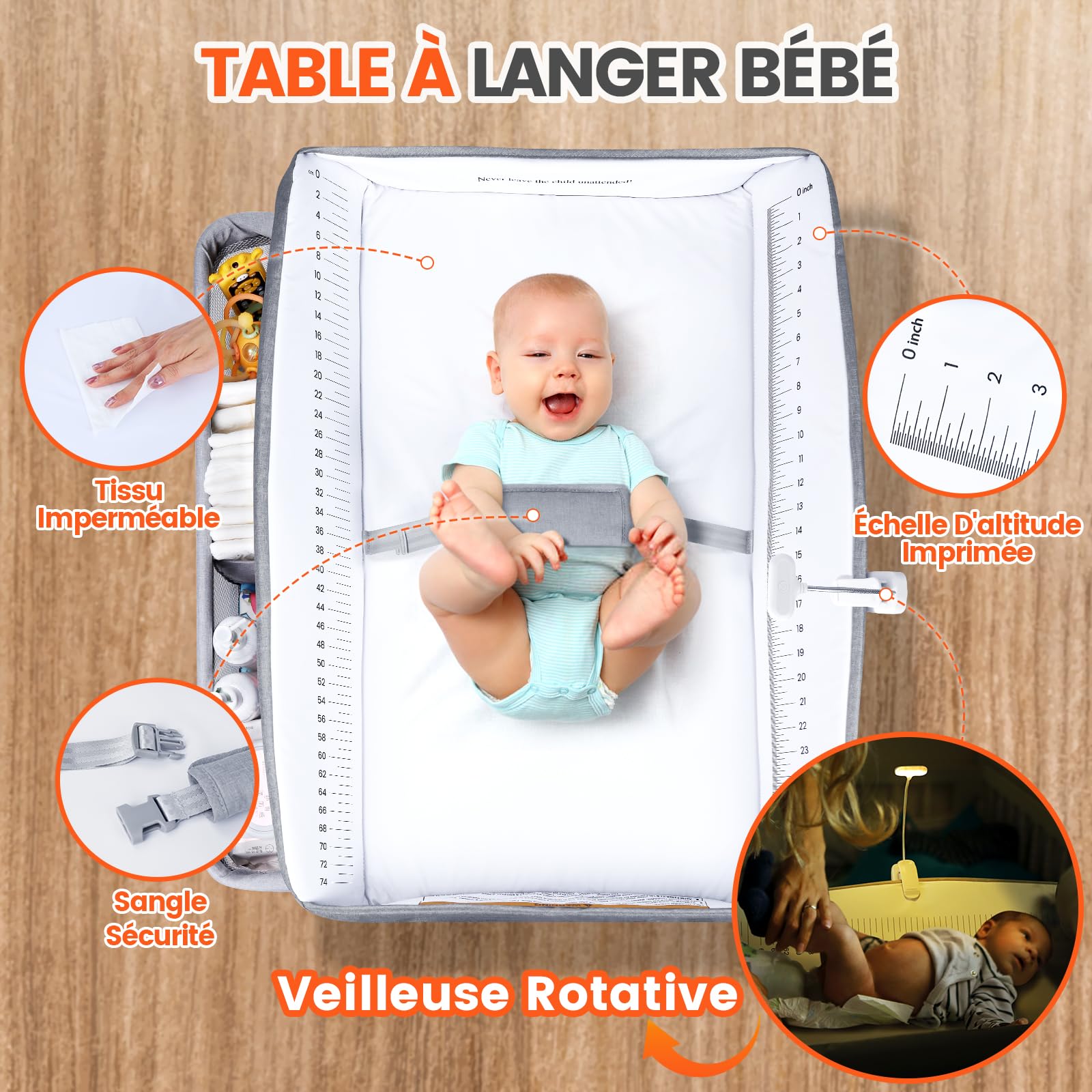 Table a Langer Bebe avec Tiroir et Veilleuse, Table à Langer Pliable à Hauteur Réglable avec Sangle de Sécurité, Espace de Stockage Extra Large, Mobile Commode a Langer Bebe, Gris