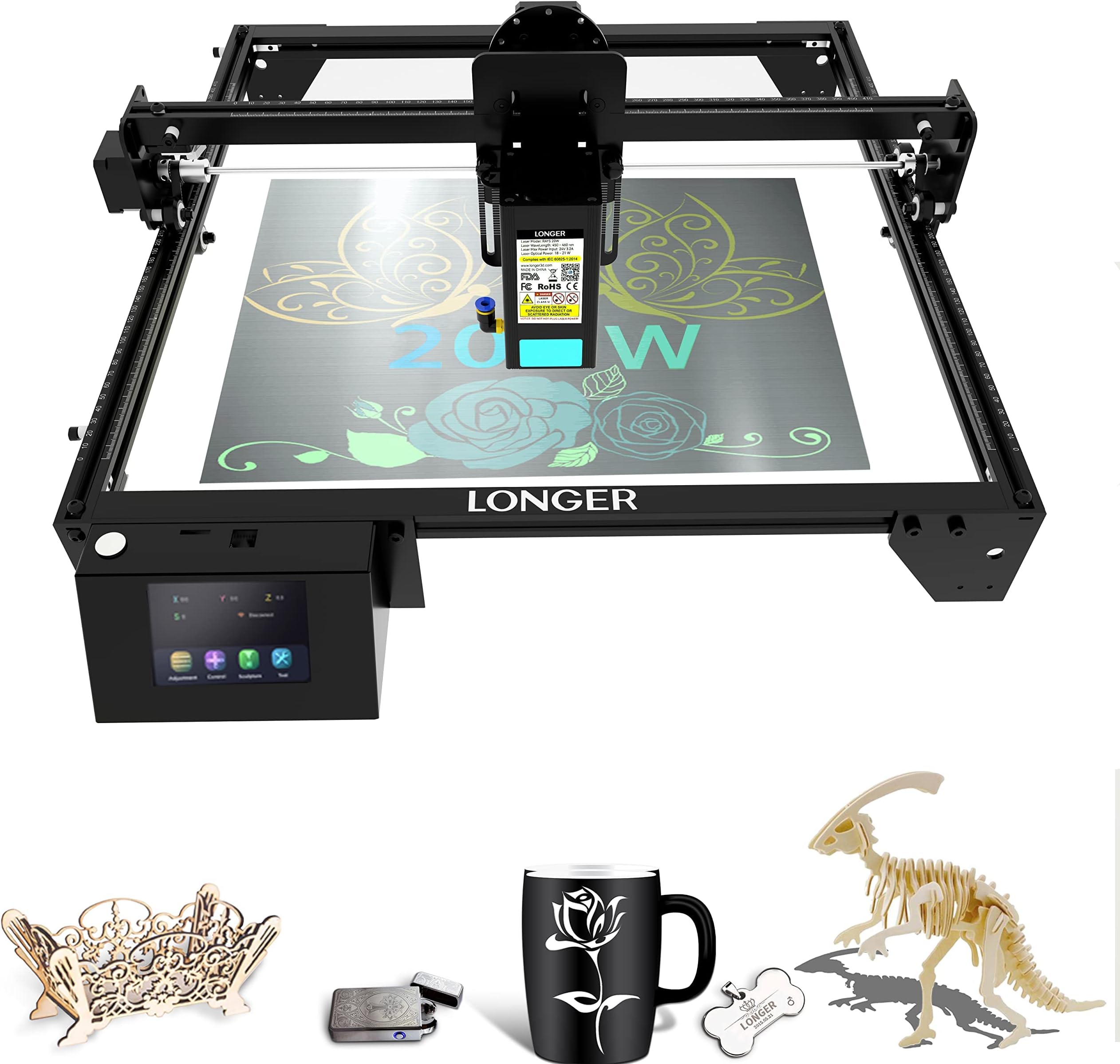 Longer RAY5 20W Higher Accuracy Laser Engraver and Cutter, 130W Laser Engraving Cutting Machine can Cut 0.05mm Metal and Engrave Hundreds of Colors On Metal Steel 3.5"Touch Screen for DIY
