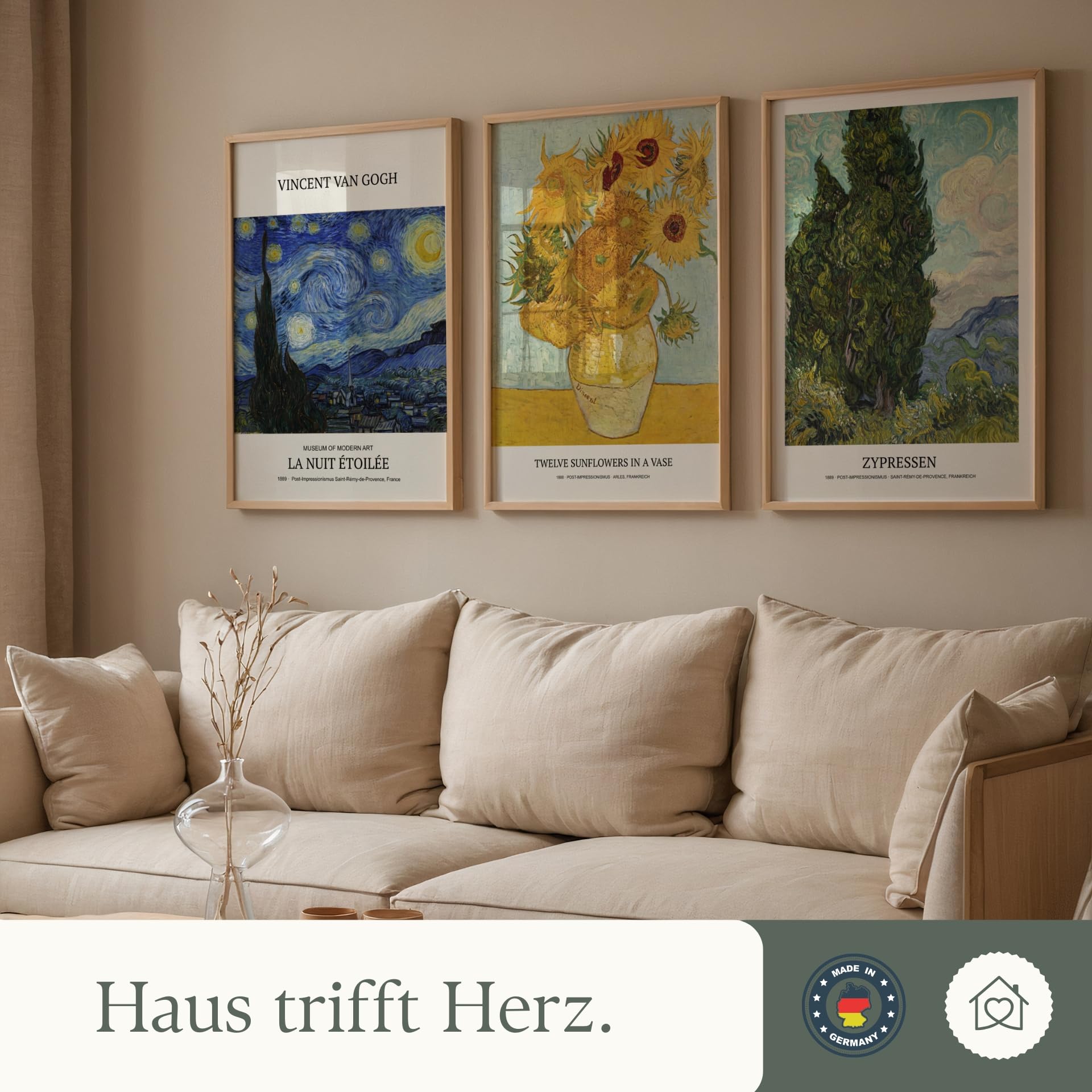 MJ-GRAPHICS® Van Gogh Poster Set A2 Kunstdrucke Künstler Wandbilder Wohnzimmer Deko Schlafzimmer A2 Bilder mit Rahmen 3er Set Collage für Wohnzimmer Poster Collage
