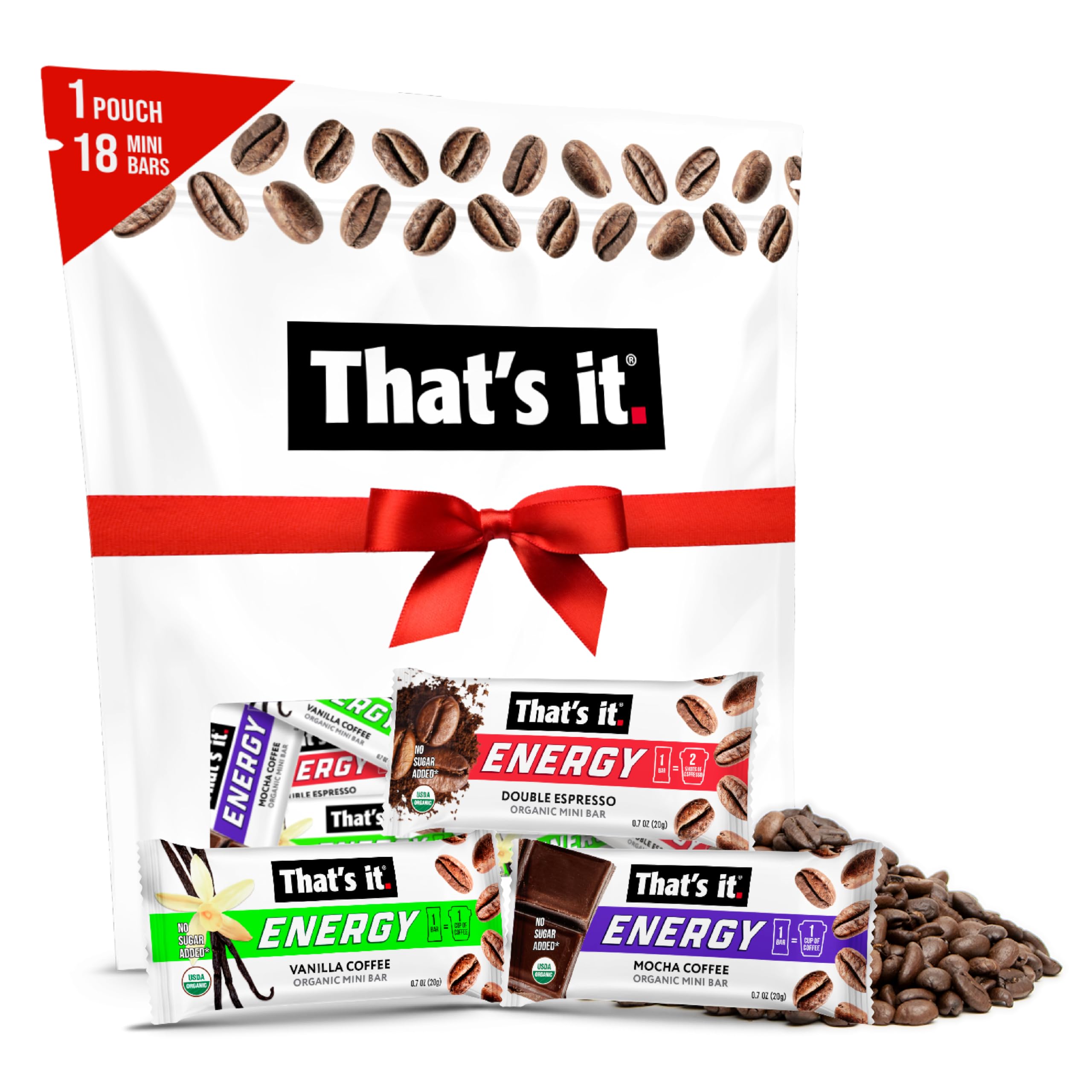 That’s it. Organic Energy Coffee Mini Bars - (6 each of Vanilla, Mocha, Double Espresso) Grab and Go, No Added Sugars, Non-GMO, Caffeine Power Snack, Kosher, Allergy Friendly (Variety - 18 Count)USDA Organic[Amazon-developed Certification] Compact by Design