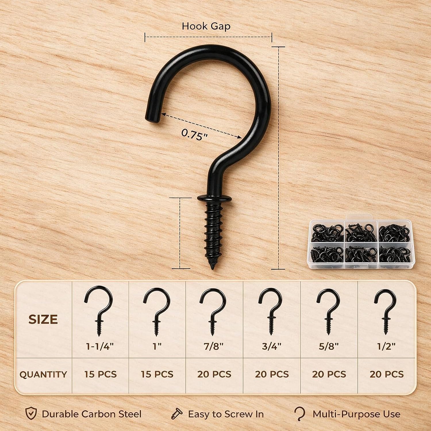 110Pcs Black Screw-in Hooks Assortment Kit, Industrial Grade Vinyl Coated Cup Hooks for Ceiling & Wall, 6 Sizes Heavy Duty Metal Hooks for Hanging Plants, Mugs, String Lights (1/2" to 1-1/4")