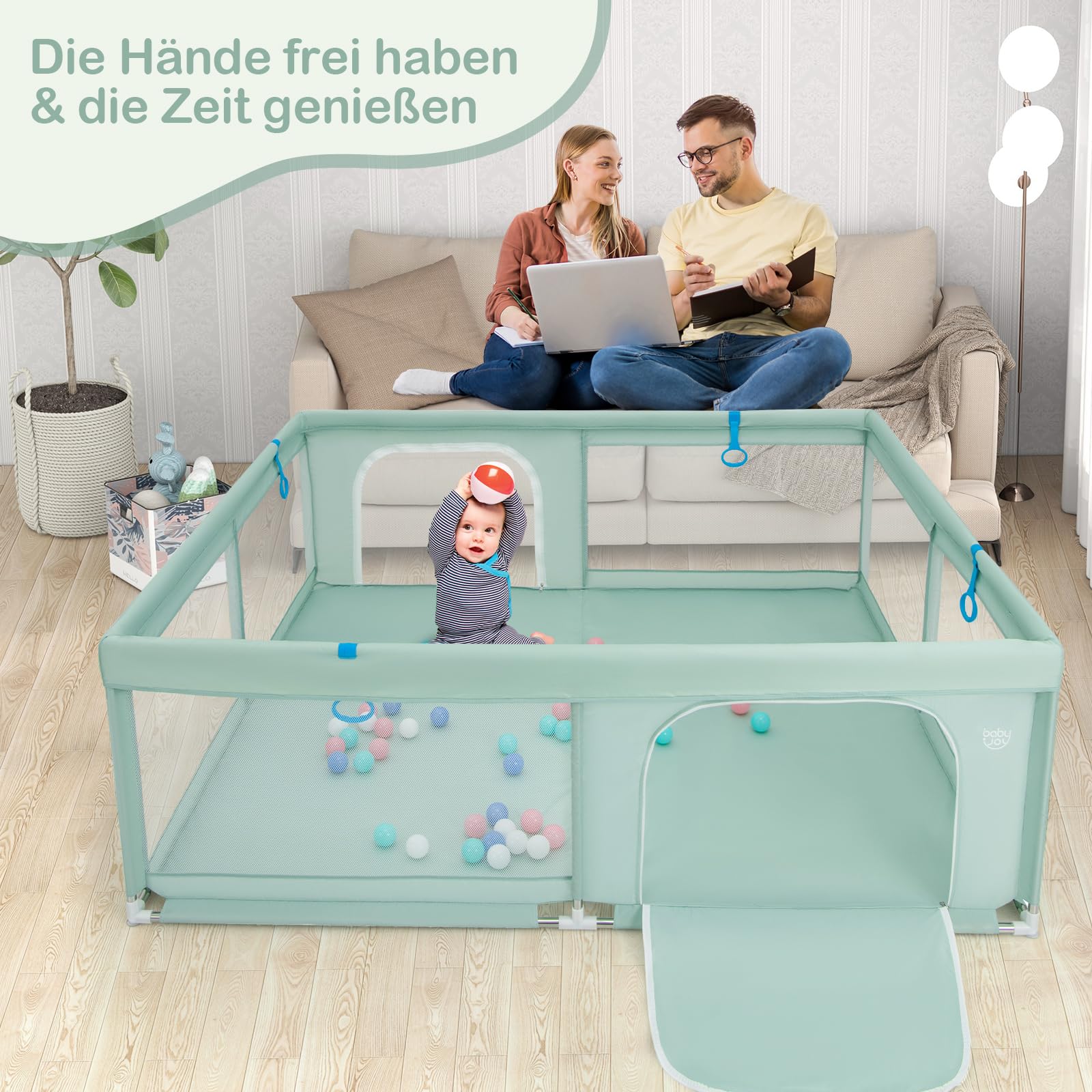 GOPLUS Kojec dla niemowląt 200 x 180 cm, kojec z materacem, 4 pierścienie pod ręce i 50 piłek do zabawy, kratka do raczkowania z oddychającą siatką, drzwi i zamek błyskawiczny dla niemowląt i małych
