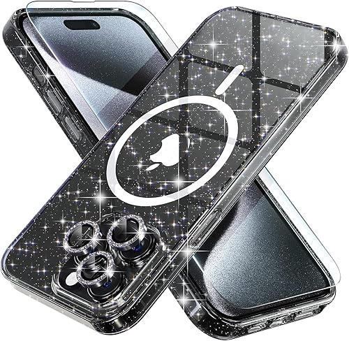 Choiche Funda magnética para iPhone 15 Pro, funda transparente con purpurina para mujer, 3 protectores de lente de cámara con diamantes, 2 Choiche Funda magnética para iPhone 15 Pro, funda transparente con purpurina para mujer, 3 protectores de lente de cámara con diamantes, 2