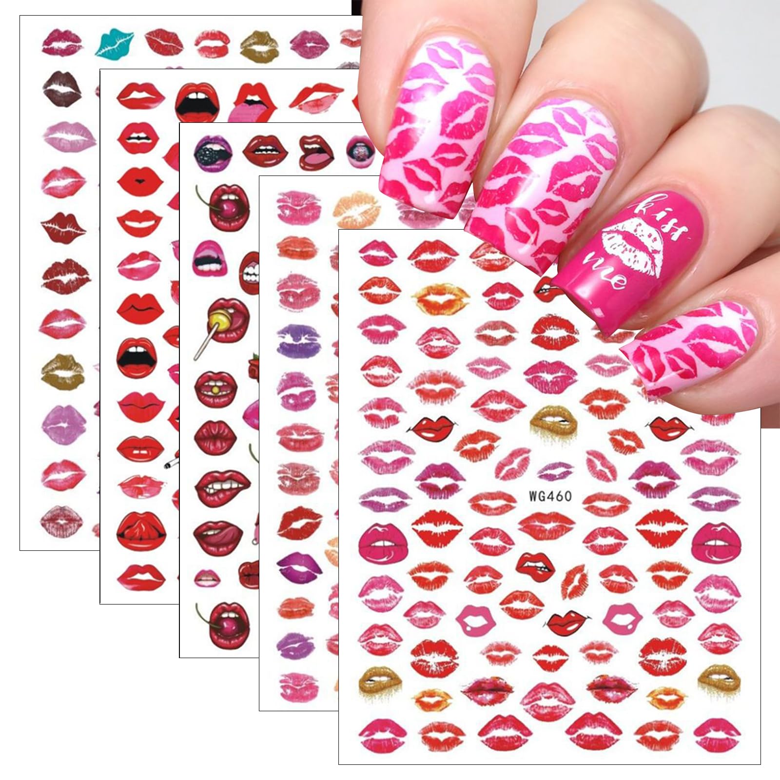 5pcs Valentine's Day Sexy Lips Nail Art Stickers 3D Self-Adhesive Heart Shape Red Color Lips Decal Design for Women Girls Nail Decoration