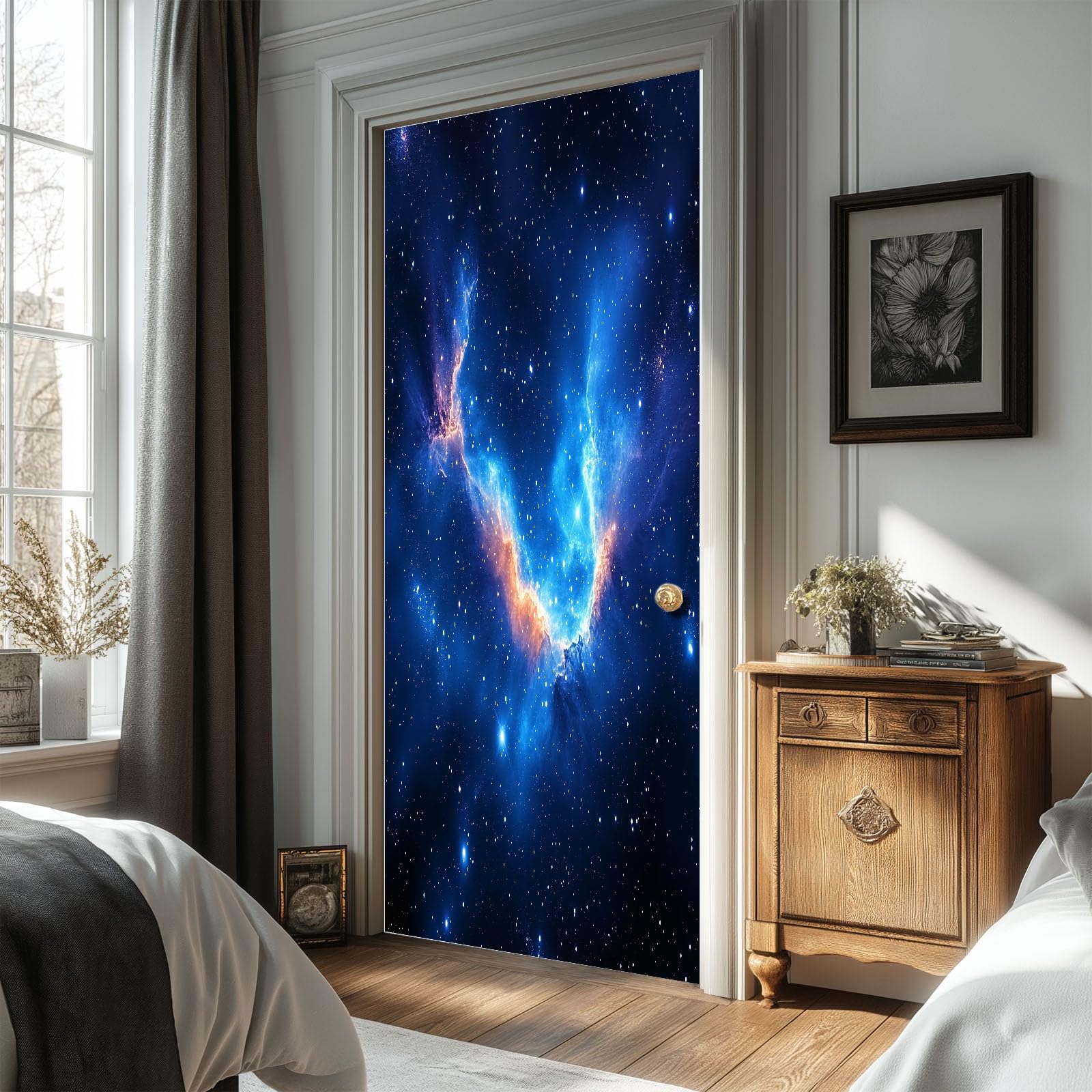 Fantasy Art naklejka na drzwi, wszechświat, gwiaździste niebo, mgła, tapeta na drzwi dla dzieci, do sypialni, 95 x 215 cm (szer. x wys.), naklejka na ścianę, fototapeta, dekoracja pokoju dla dzieci