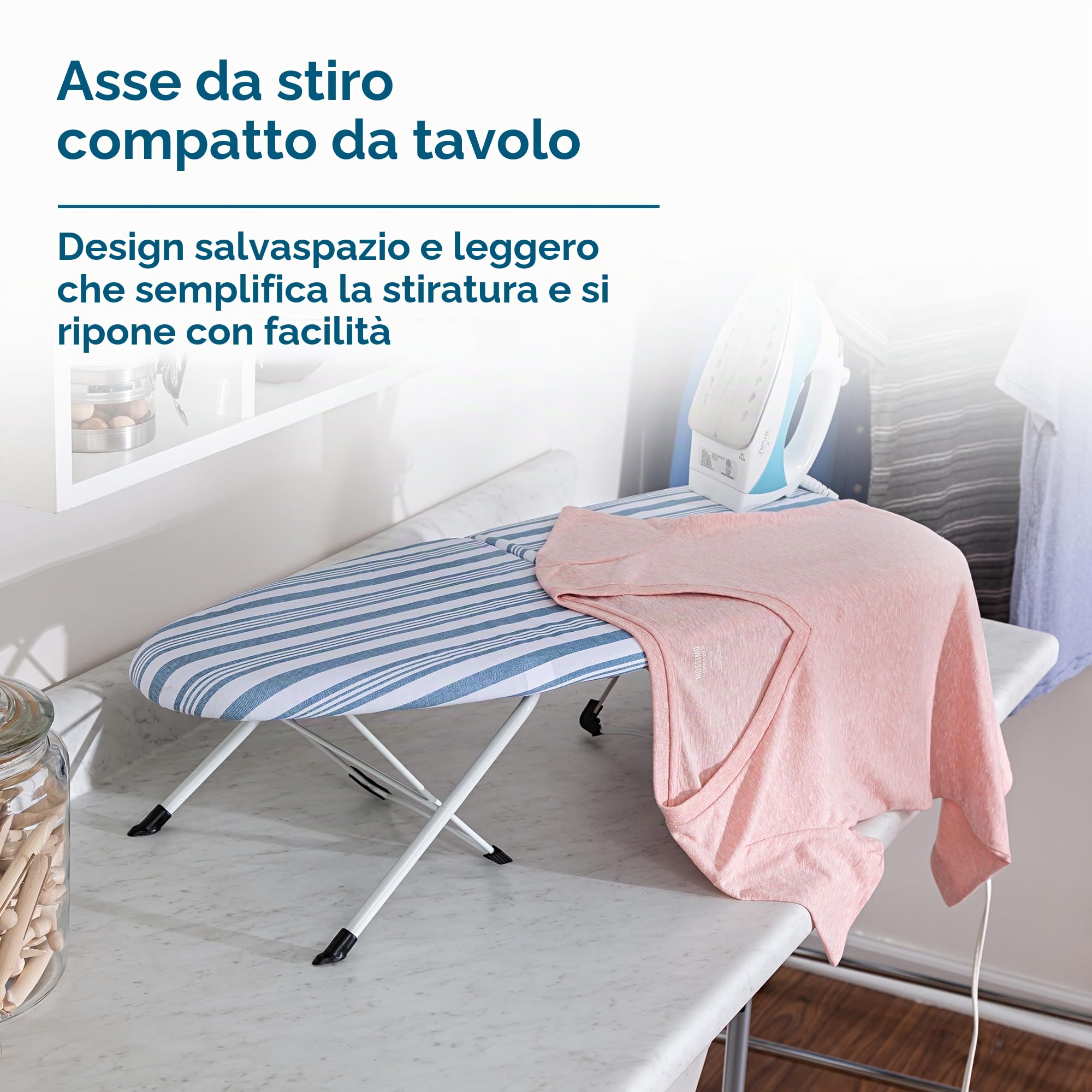 Honey Can Do BRD-01292 ASSE da Stiro Pieghevole da Tavolo, Telaio Bianco/Fodera A Strisce Blu, 31.5x8.13x42.01 cm
