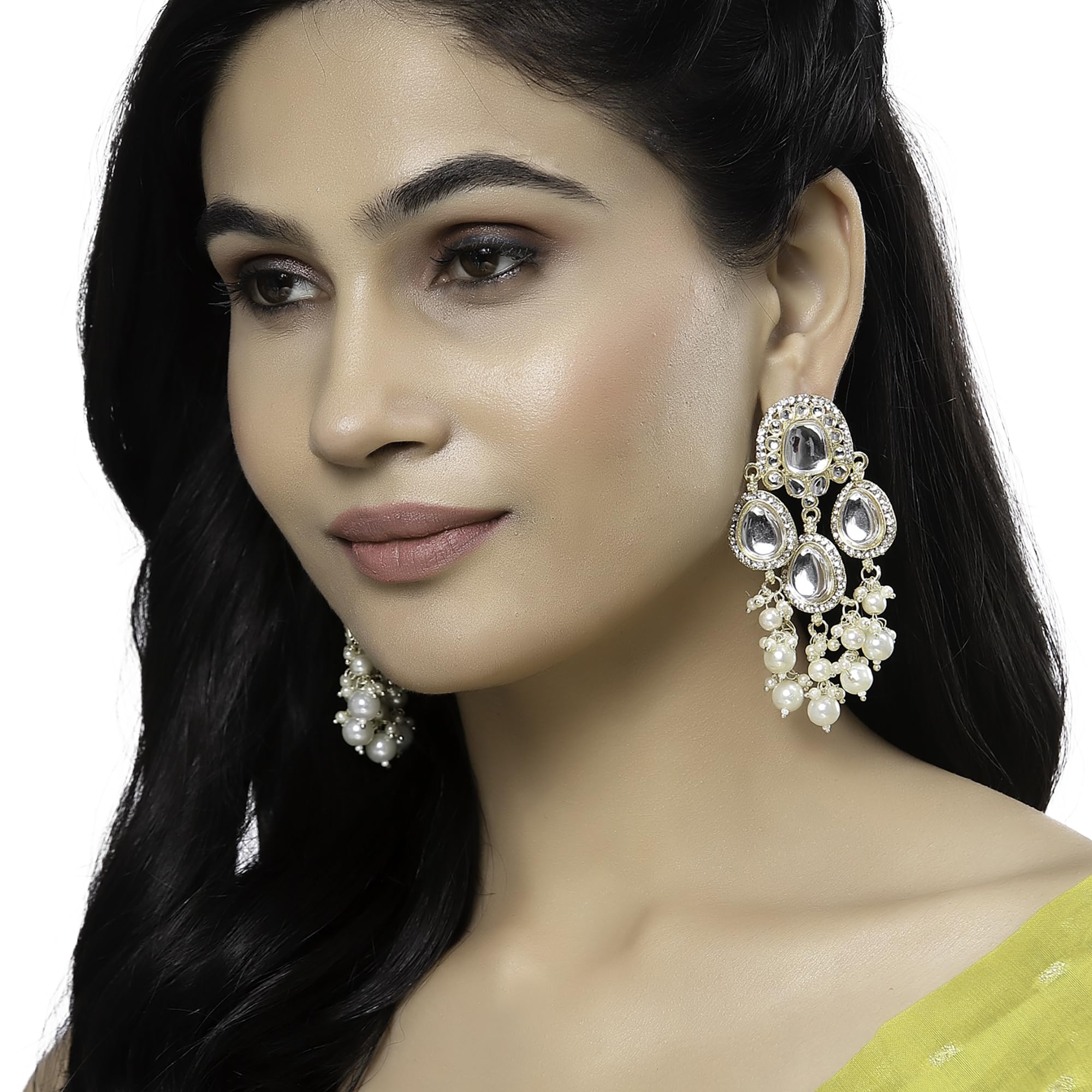 Gold-Plated Kundan & Pearls Teardrop Mirror Earrings