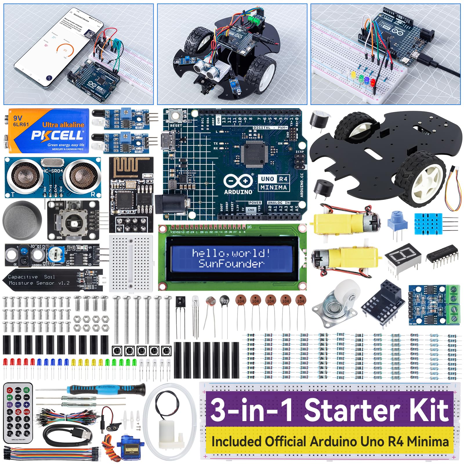 Ultimate Starter Kit with Original Arduino Uno R4 Minima, 3 in 1 IoT/Smart Car/Basic Kit with Online Tutorials, for Beginners to Enthusiasts (Original Arduino Uno R4 Minima Included)