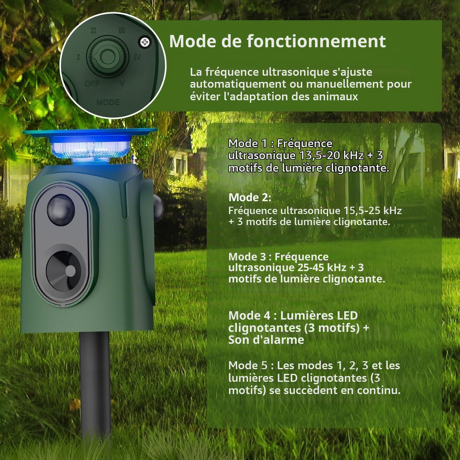 Repulsif Chat Exterieur Solaire, VoltGuard 360° Répulsif Chat Ultrason avec Détecteur et Flash, 5 Modes de Réglage pour Chats Chiens Souris Animaux de Jardin