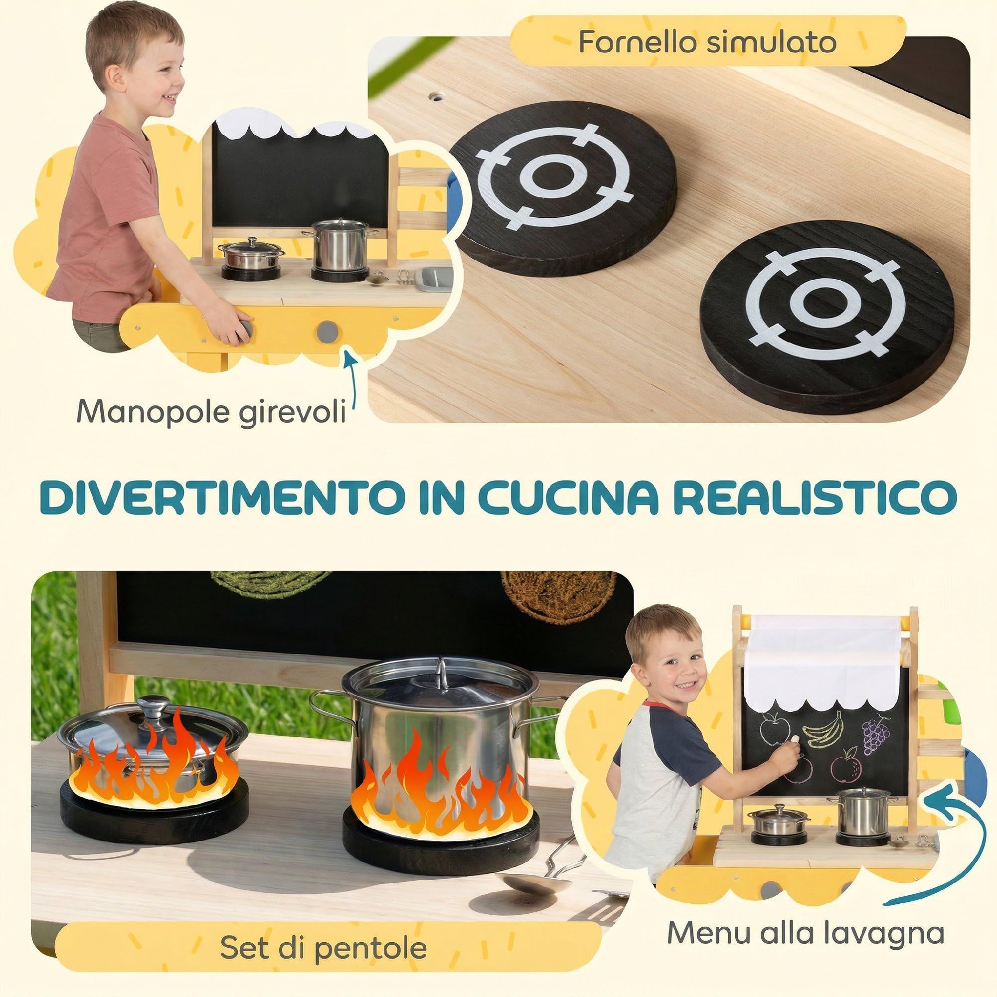 AIYAPLAY Cucina Giocattolo per Bambini, Cucina in Legno per Bambini con 2 Portavasi, Ruote, Fornello, Lavagna, Lavandino, Ripiano e 15 Accessori, 3+ Anni