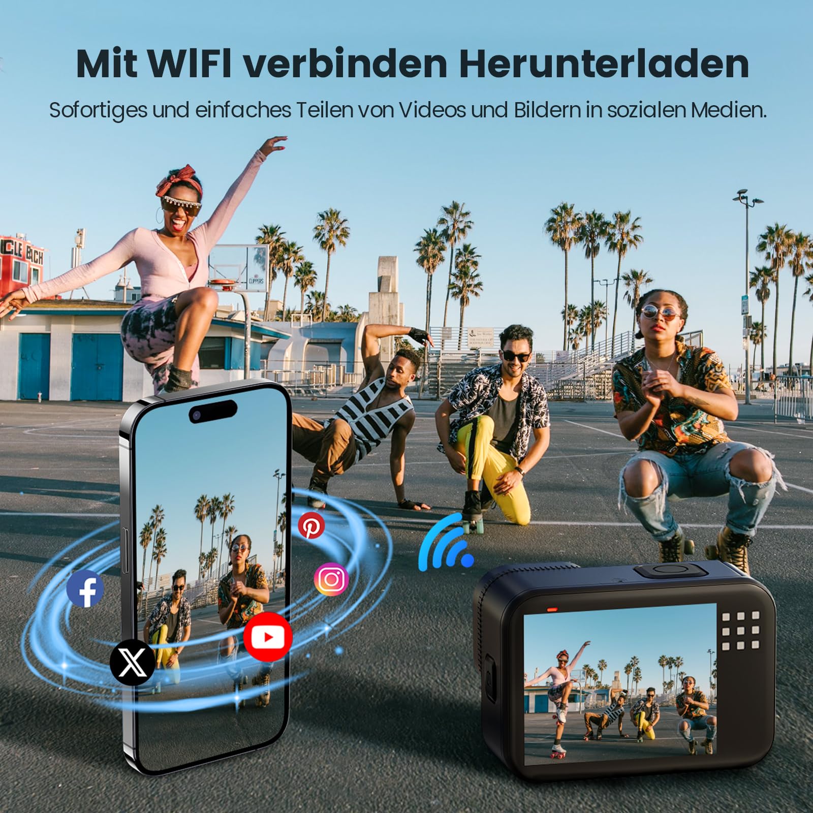 4K 60FPS 48MP Action Cam, 50FT Unterwasserkamera mit Touchscreen, wasserdichte Kamera, EIS Stabilisierung Helmkamera mit 64GB Karte, 8X Zoom 170°Weitwinkel WiFi Action Kamera Akku (64GB)