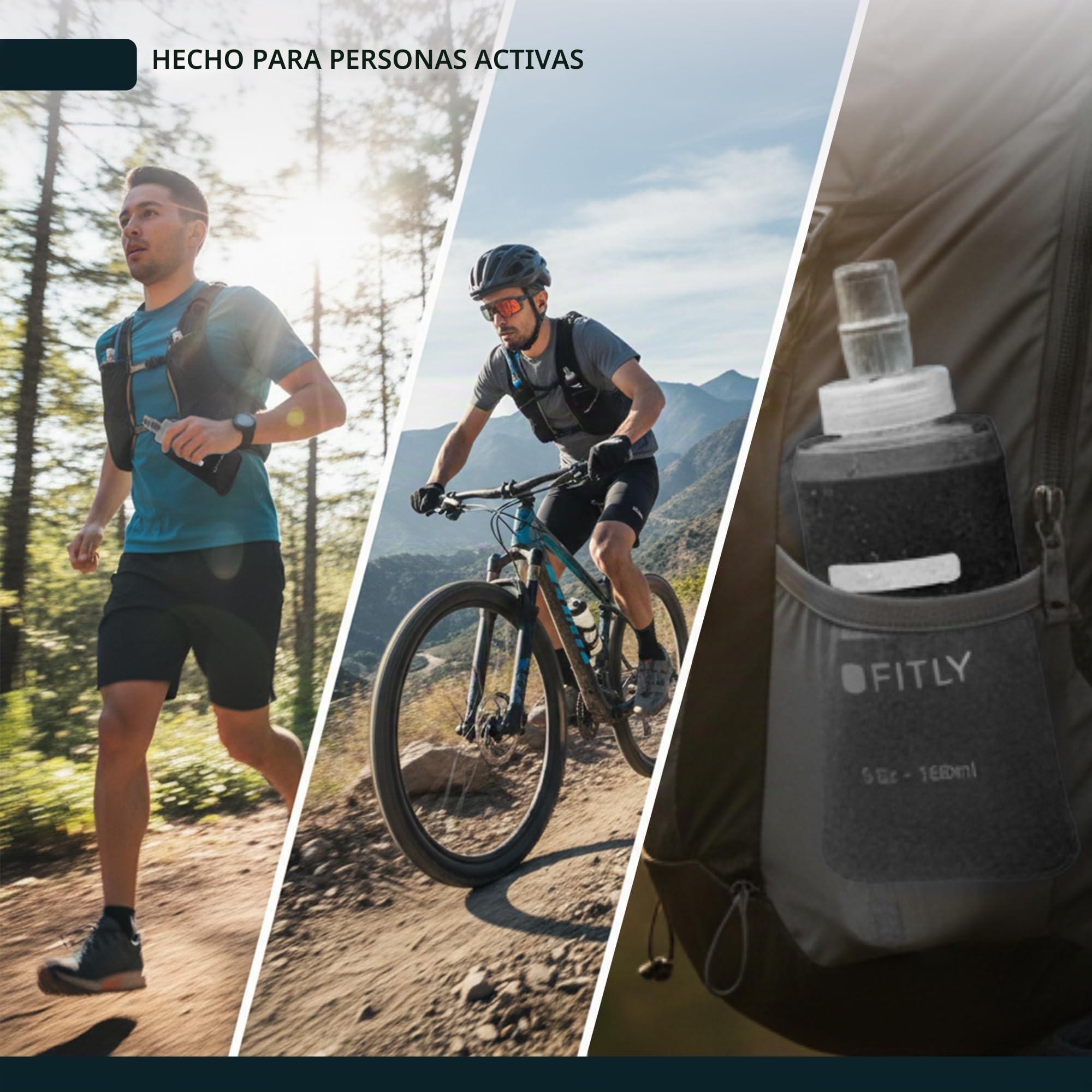 FITLY FLASKS Combo - 3 frascos suaves para hidratación mientras corres, senderismo, ciclismo, escalada, botellas de agua plegables (5-95-13 onzas, 150-250-400 ml), color negro