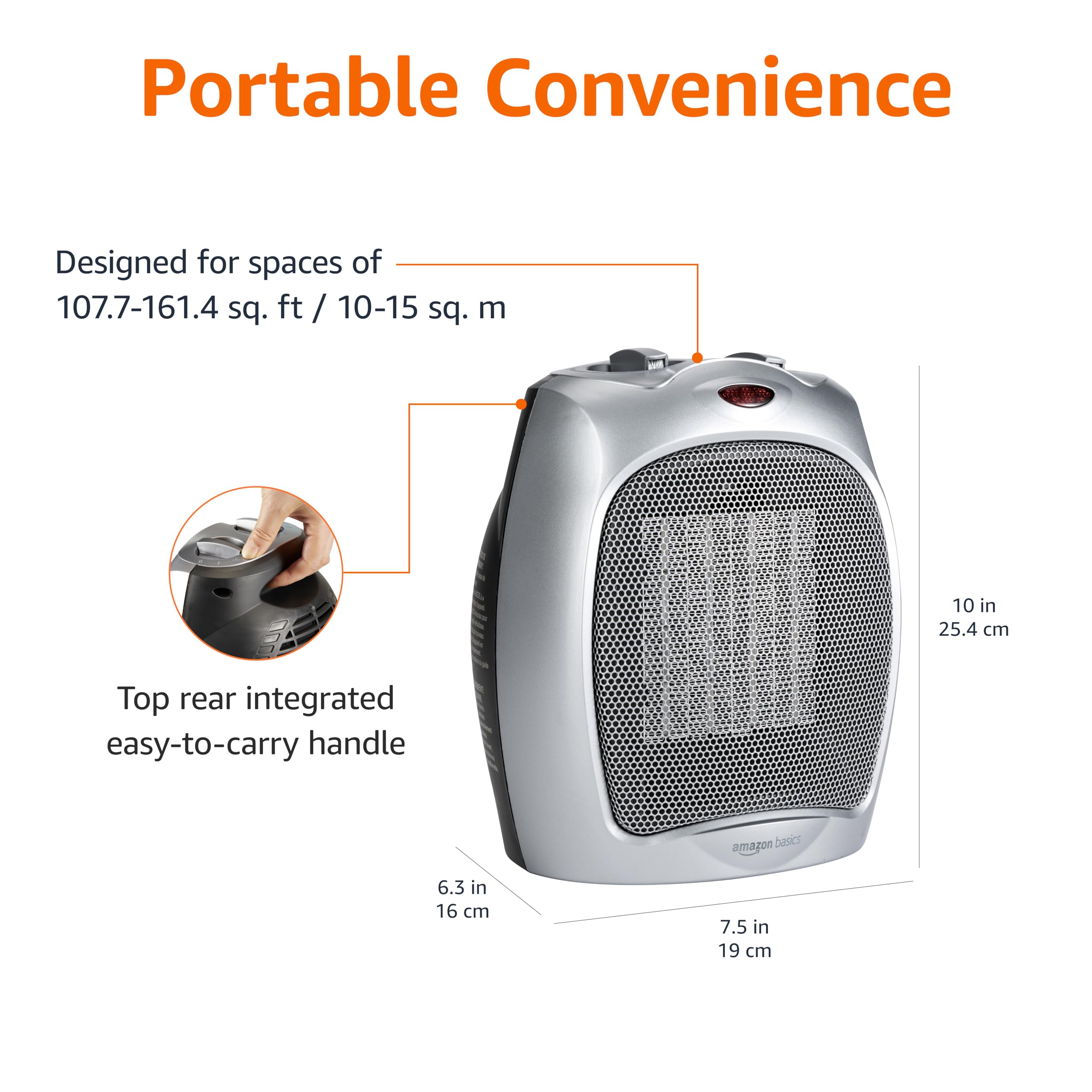 Amazon Basics Grzejnik ceramiczny 1800W z regulowanym termostatem, srebrny