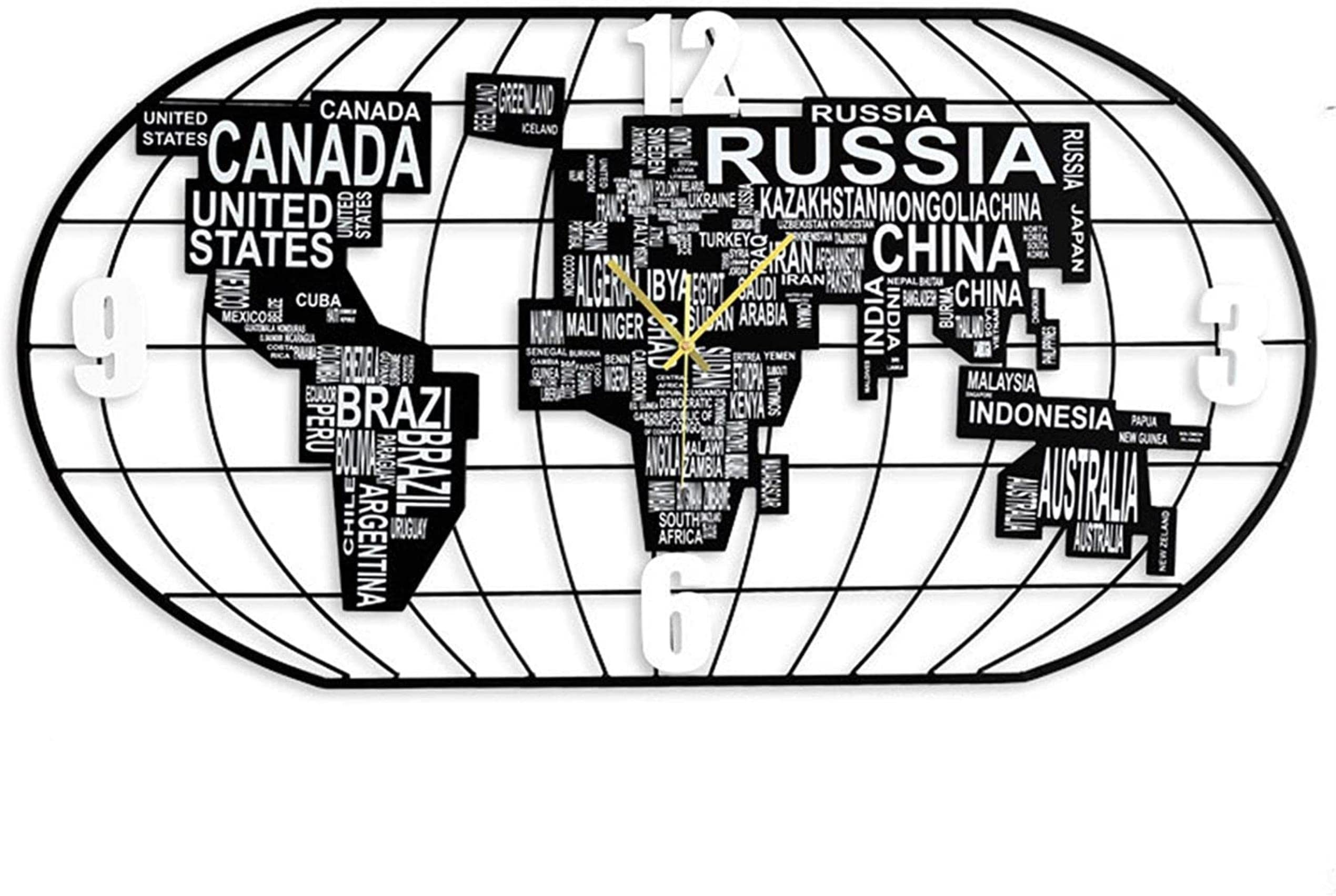 Horloge Murale Carte du Monde Noire en Métal pour Décorer un Salon ou un Bureau Lumineux