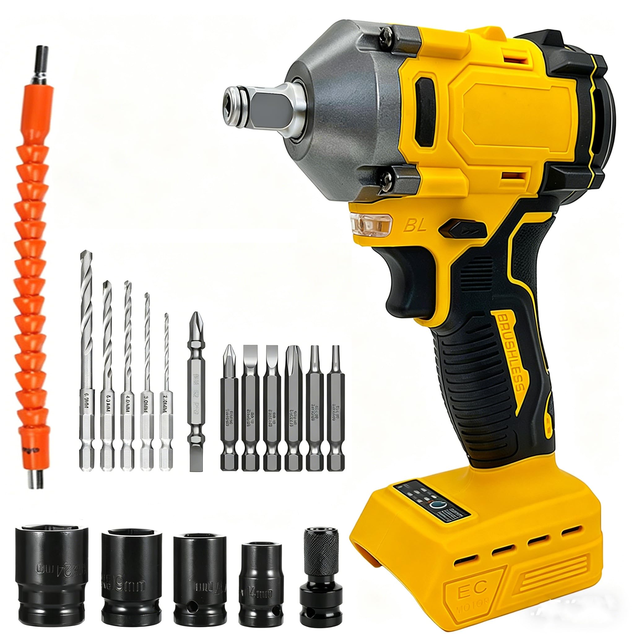 Cordless Impact Wrench, 1/2 inch Brushless Impact Gun, 3500rpm & Max Torque 450Nm, High Torque Impact Wrench with 4 Socket Sets, 12 Drill Sets, Compatible with Dewalt Battery, Without Battery