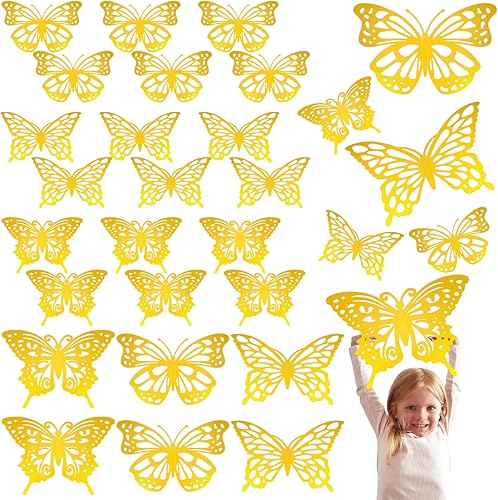 Yeaqee Juego de 24 piezas de decoración de fiesta de mariposas grandes, 2 tamaños, 3 estilos, mariposas doradas grandes 3D, calcomanías de Yeaqee Juego de 24 piezas de decoración de fiesta de mariposas grandes, 2 tamaños, 3 estilos, mariposas doradas grandes 3D, calcomanías de