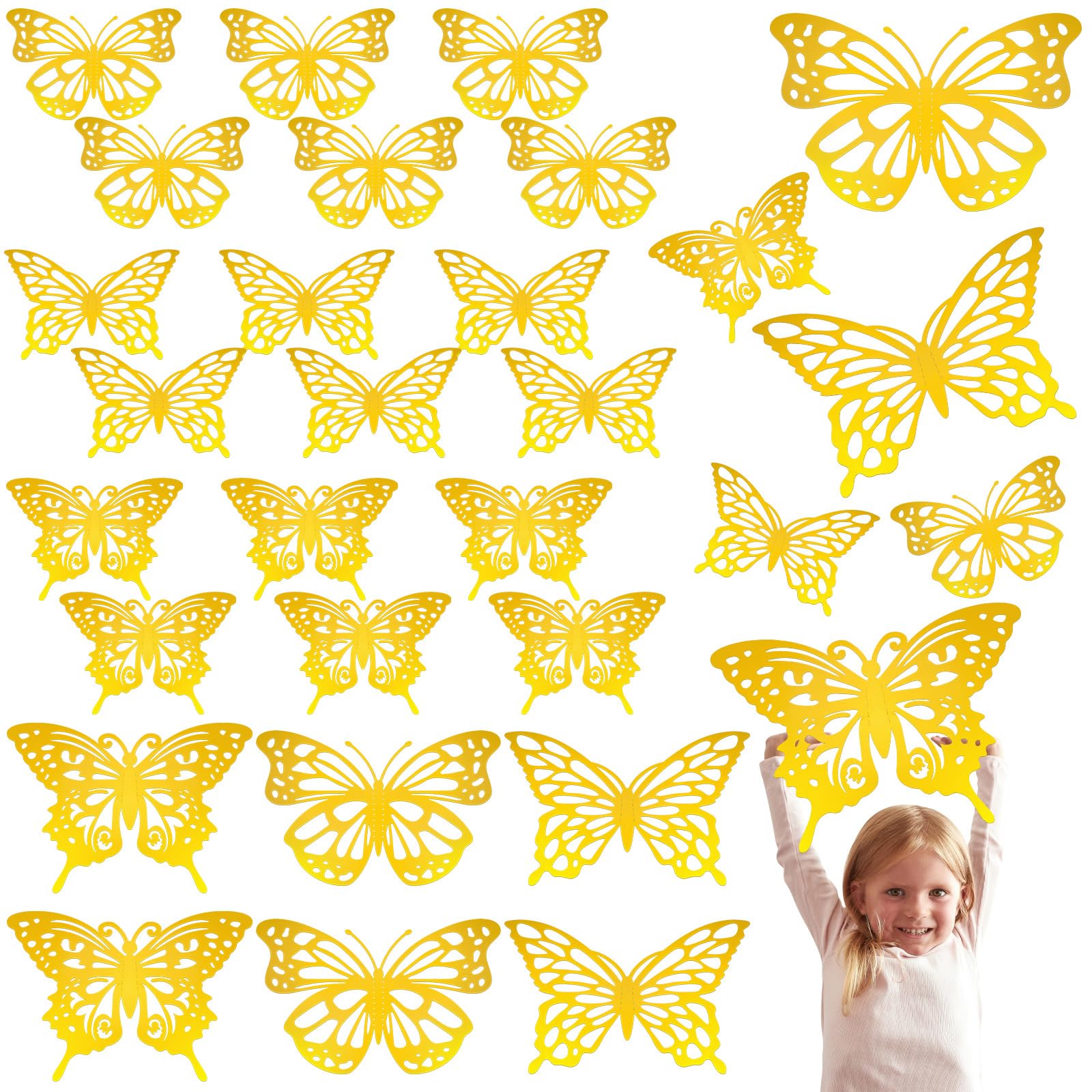 Yeaqee 24 Pcs Large Butterfly Party Decoration 3D Butterflies Wall Decor Set 2 Sizes 3 Styles Large Stickers for Birthday Baby Shower Nursery Bedroom Wedding Decor Cutouts (Gold)