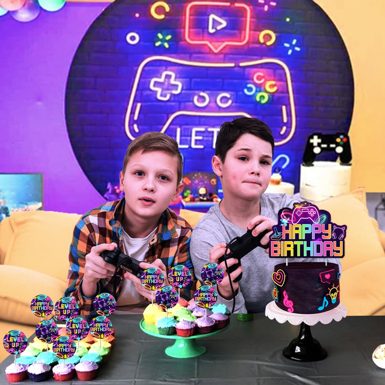 Video Game Themed Cake & Cupcake Toppers - Neon Level Up Party Decorations For Birthday Celebrations - View #7