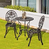 Vista 7 de HOMEFUN Juego de 2 mesas y sillas de bistró para exteriores, juego de 3 piezas, diseño de rosa, aluminio fundido para jardín, balcón, resistente a