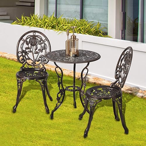 Miniatura 7 de HOMEFUN Juego de 2 mesas y sillas de bistró para exteriores, juego de 3 piezas, diseño de rosa, aluminio fundido para jardín, balcón, resistente a