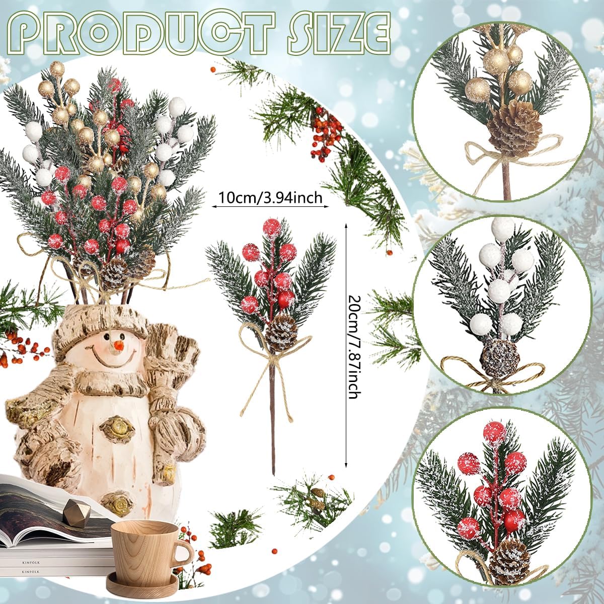9 Pcs Berry Stems Floral Pine Cones Christmas Artificial Pine Branches Evergreen Berries Holly Stem Flowers Picks Holly Stem for Xmas Wreath Winter Holiday DIY Garland Decoration (Red Gold White)