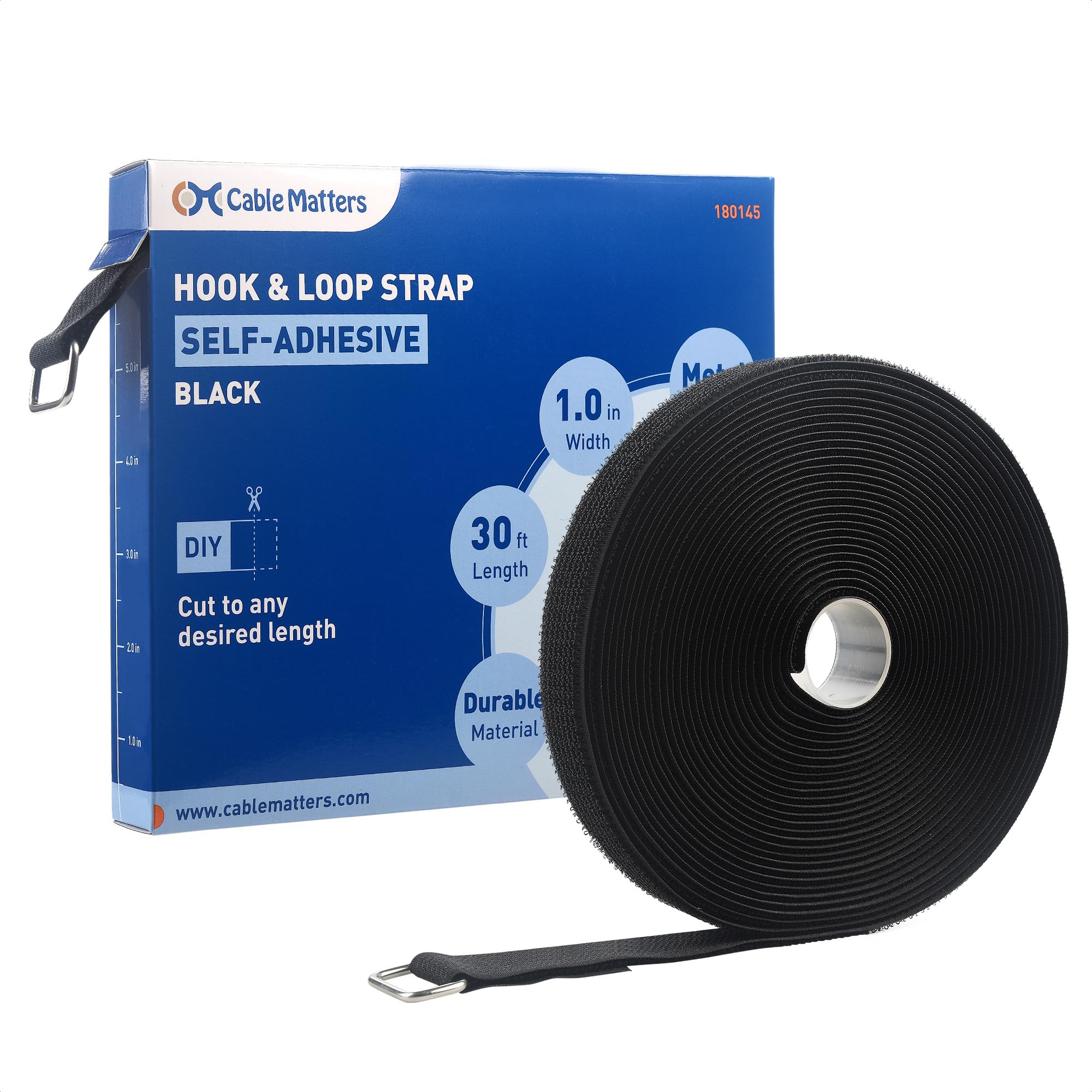 Cable Matters Cinghie a strappo con fibbia, rotolo da 9 m con 45 fibbie metalliche, cinghie regolabili per cavi larghe 25 mm, nero