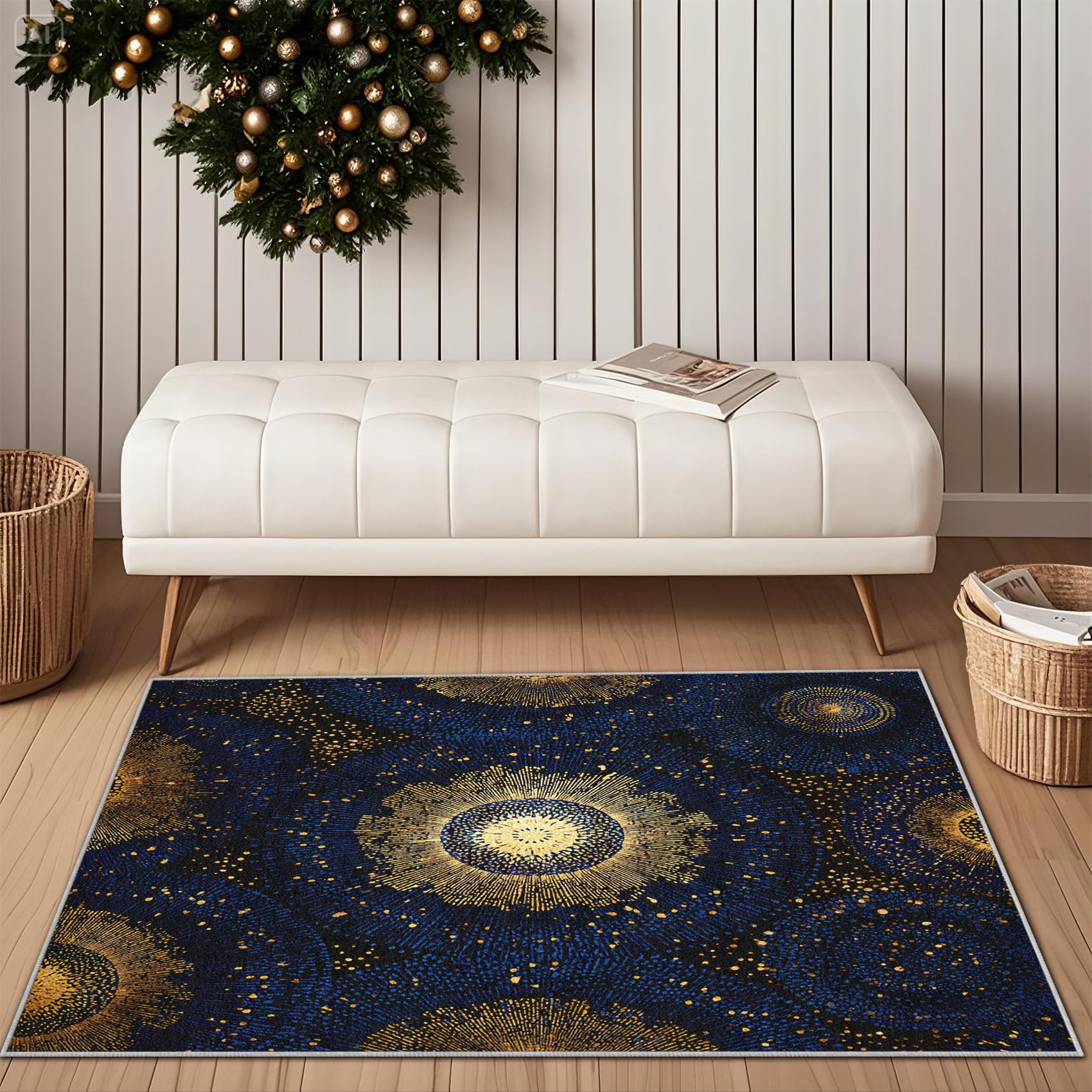 Générique Mandala Céleste Tapis 60x90 - Motif Or Vintage Tapis à Poils Courts Doux Antidérapant - Lavable en Machine - pour Salon Chambre à Coucher Cuisine Salle à Manger G9m24j10
