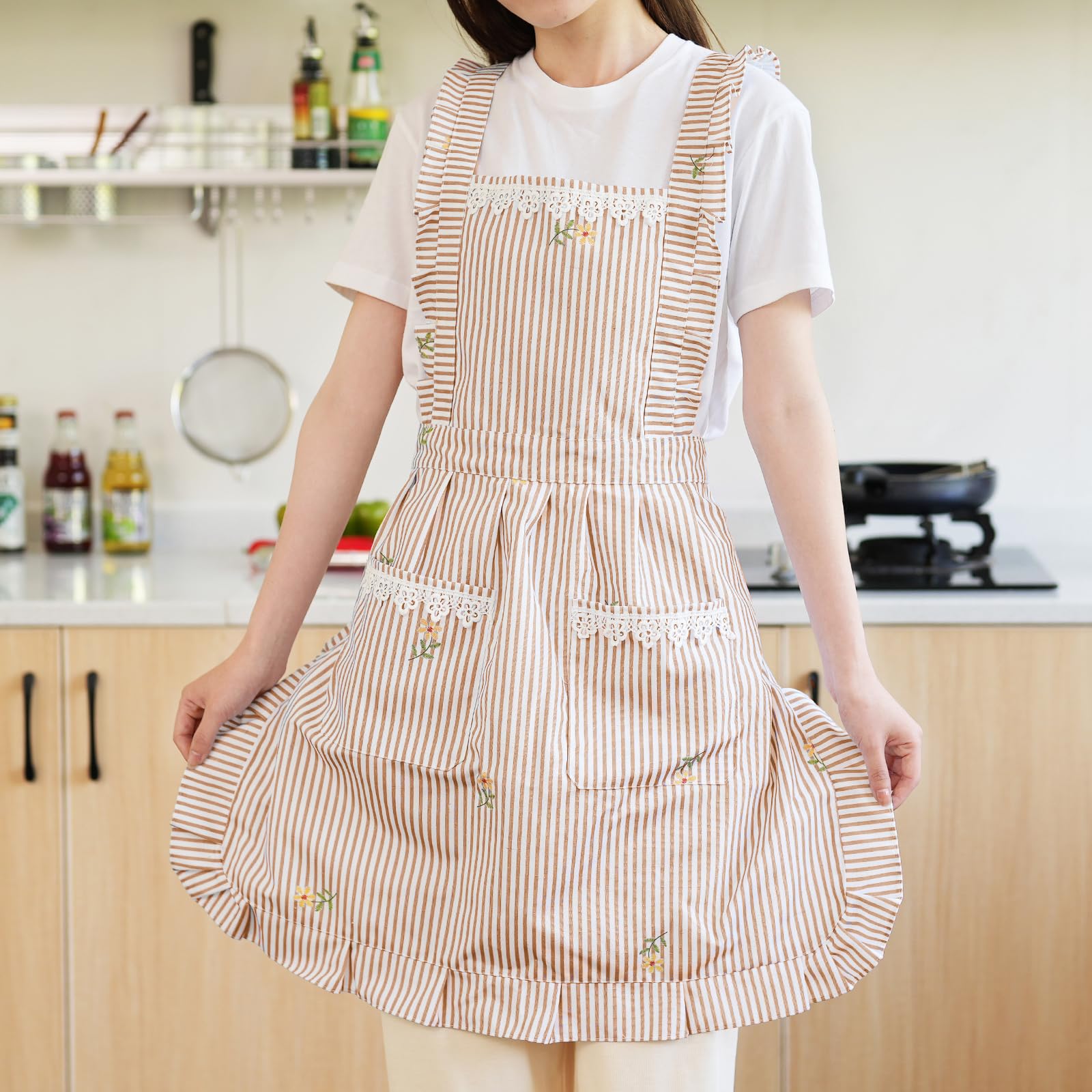 Delantales divertidos para mujer con bolsillos, para cocina, parrilla, barbacoa, lindo delantal de chef, día de la madre, regalos de cumpleaños para mujeres, Marrón/Rayas, M