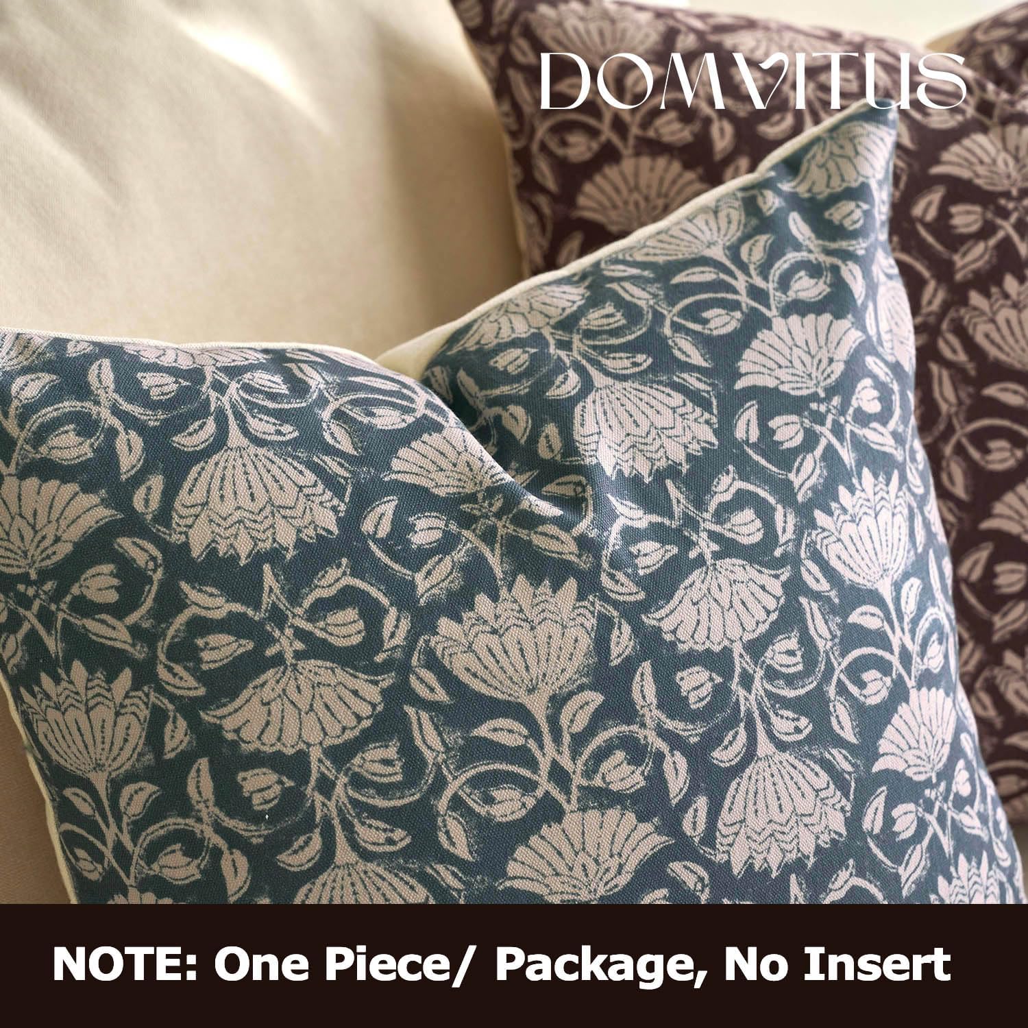 DOMVITUS Floral Pillow Covers 24x24 Decorative Throw Pillow Covers Floral Block Print Farmhouse Vintage Pillow Cover for Living Room Couch Bed Dusty Blue 1PC