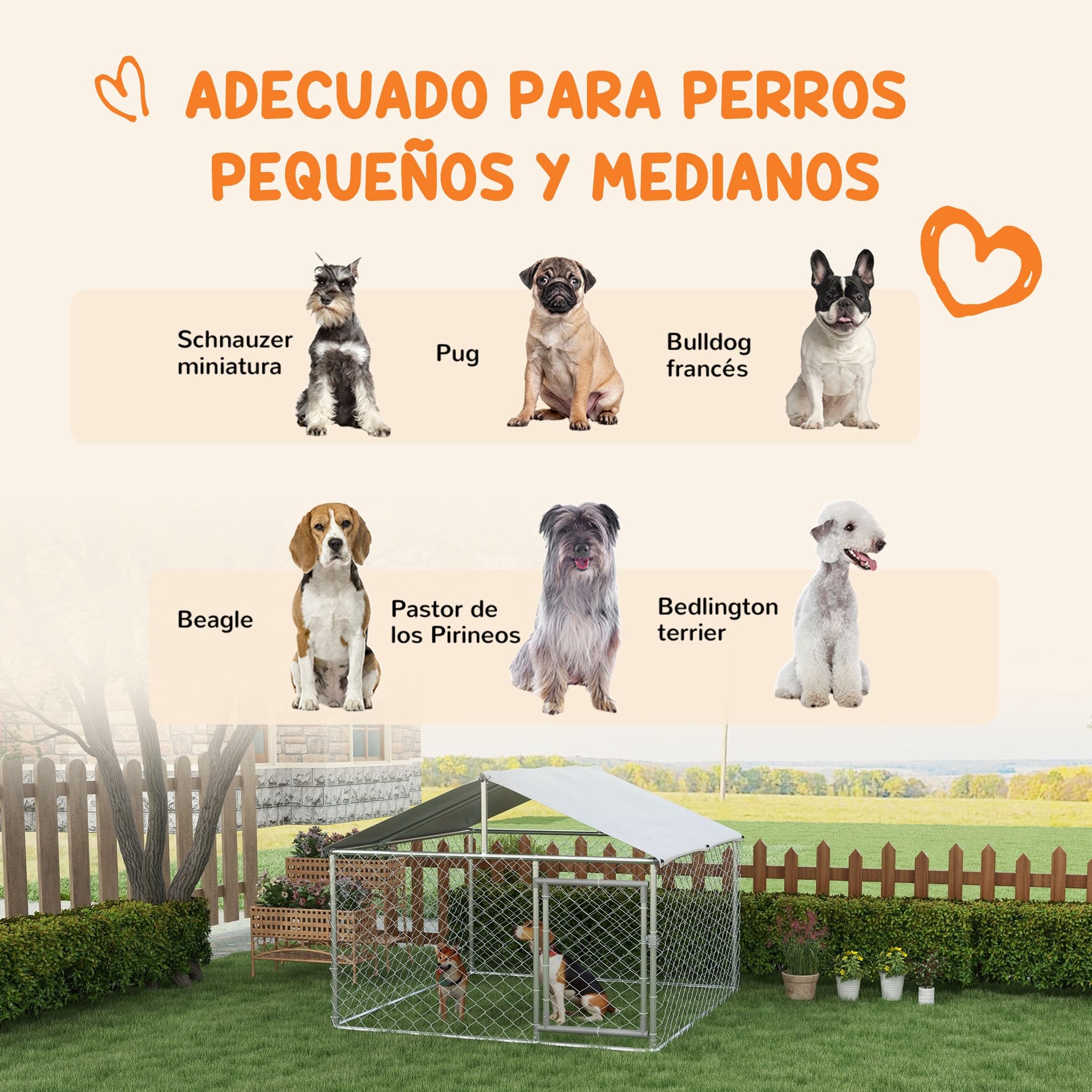 PawHut Perrera Jaula de Exterior para Perros Medianos Parque para Perros con Cerradura Marco de Acero Toldo Impermeable y Anti-UV 200x200x150 cm Plata