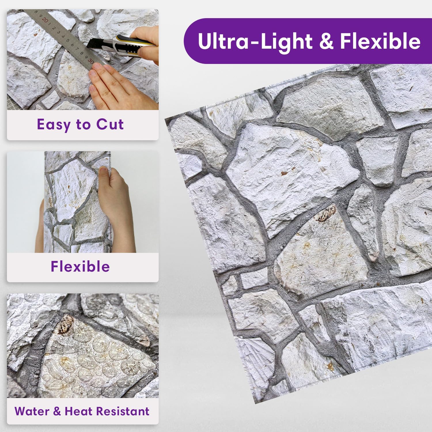 3D Faux Stone Wall Panels Peel and Stick, 10 Pcs 11.8" x 11.8", Stone-Look Textured Wall Sticker, Ultra-Light Thin PVC Fake Stone Wall Covering Tiles for Quick DIY, Whitewash Grey